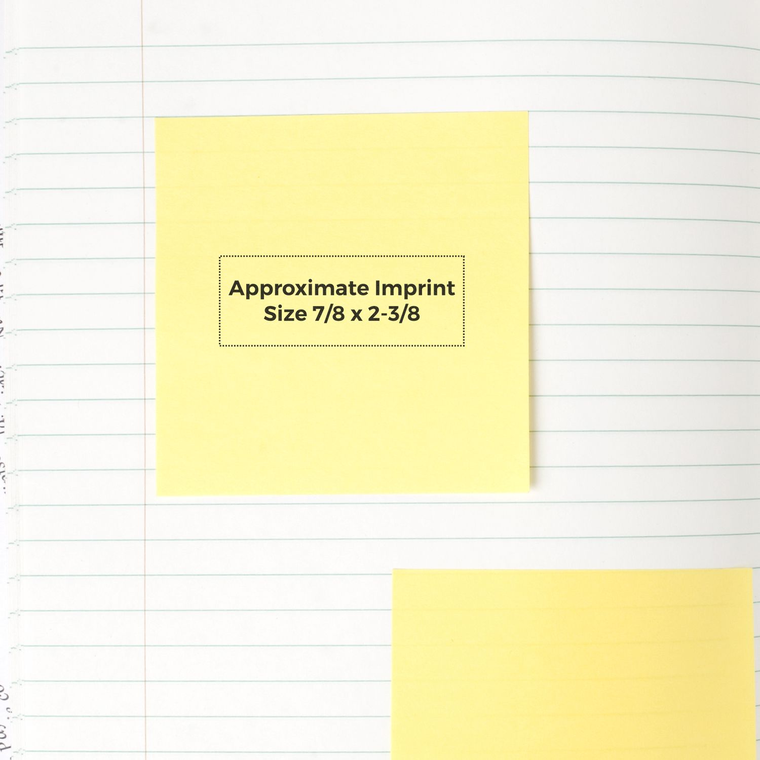 Yellow sticky note on lined notebook paper with Approximate Imprint Size 7/8 x 2-3/8 text, office stationery template view.