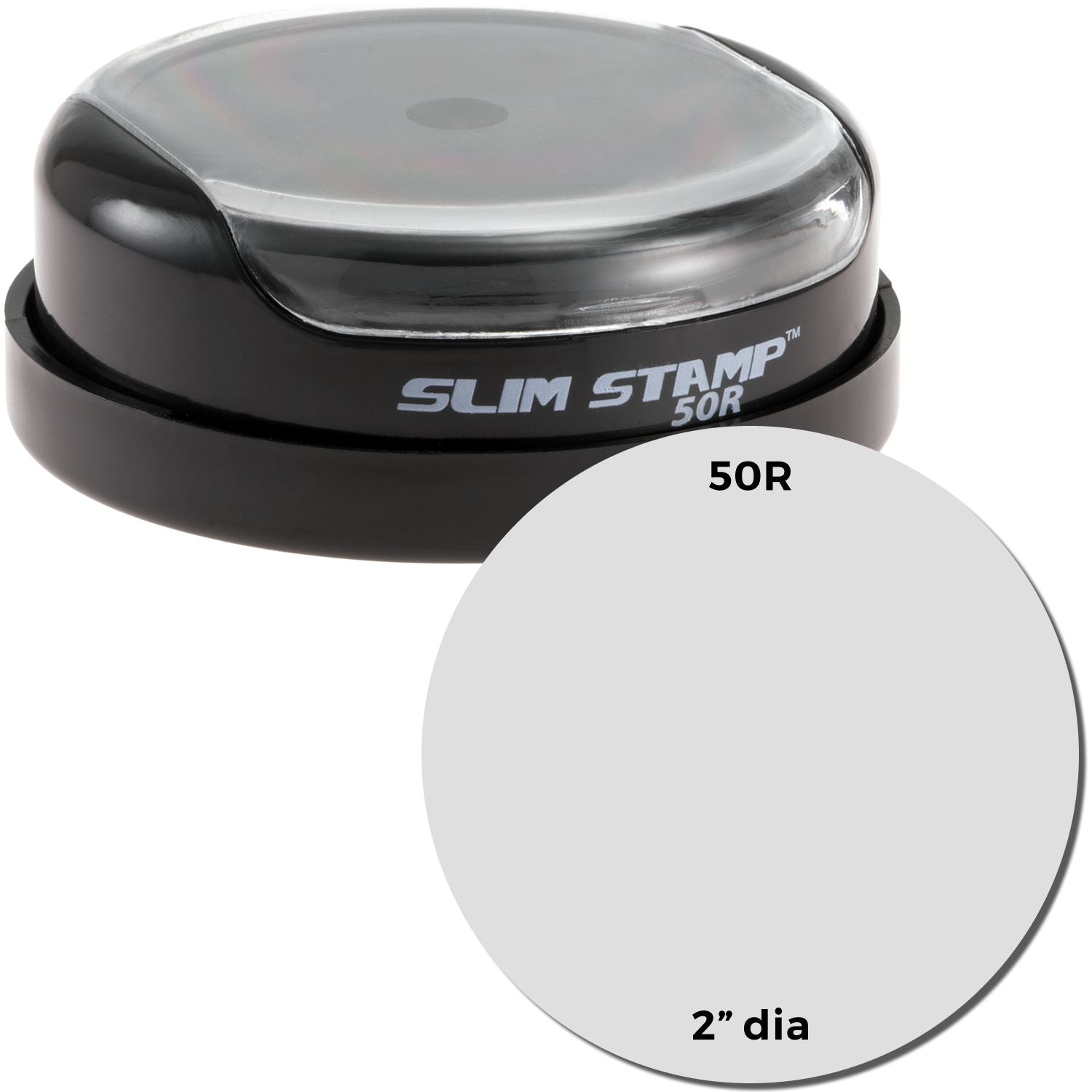 Slim Stamp 50R self-inking stamp, 2-inch diameter, product image for office labeling and stamping.