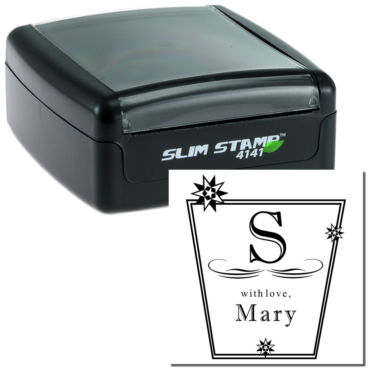 Custom slim self-inking rubber stamp with monogram S and with love, Mary personalized design.