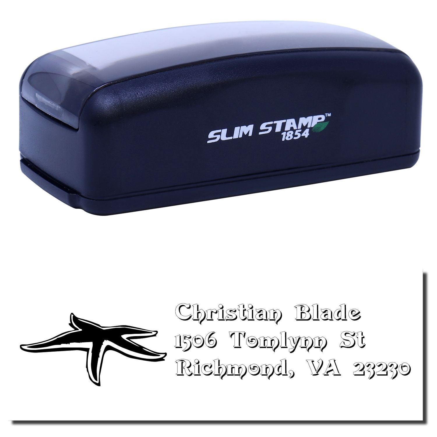 Slim Stamp 1854 self-inking rubber stamp with custom logo and address imprint sample.