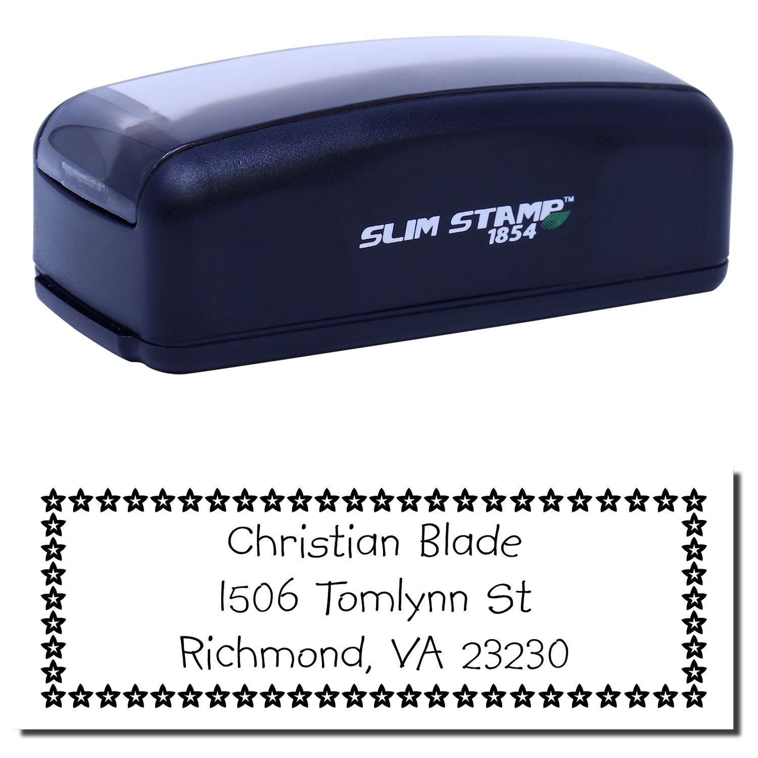 Custom self-inking rubber address stamp, Slim Stamp 1854, with star border and personalized mailing imprint.