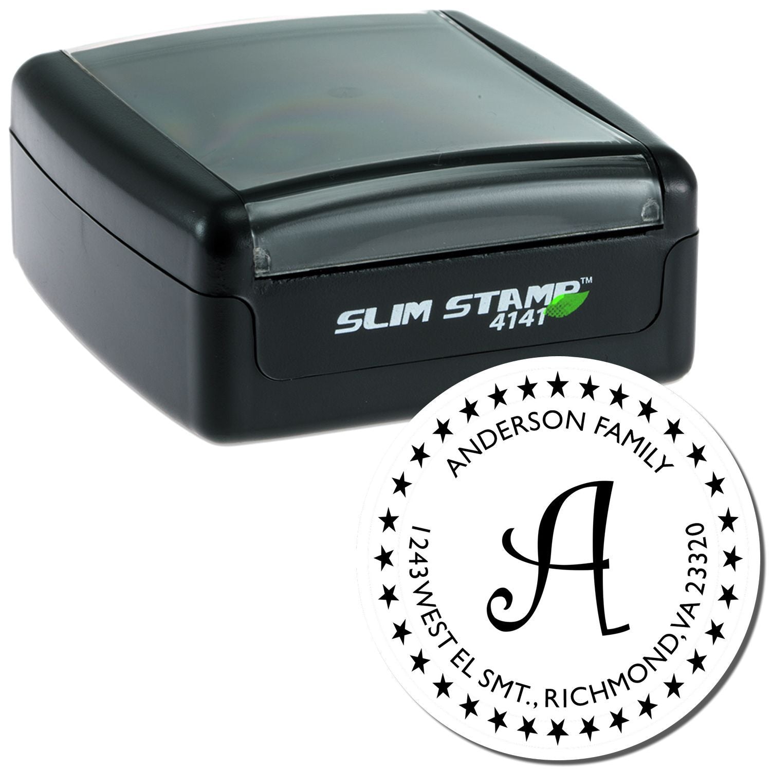 Personalized self-inking return address stamp with monogram and family address for the Anderson family