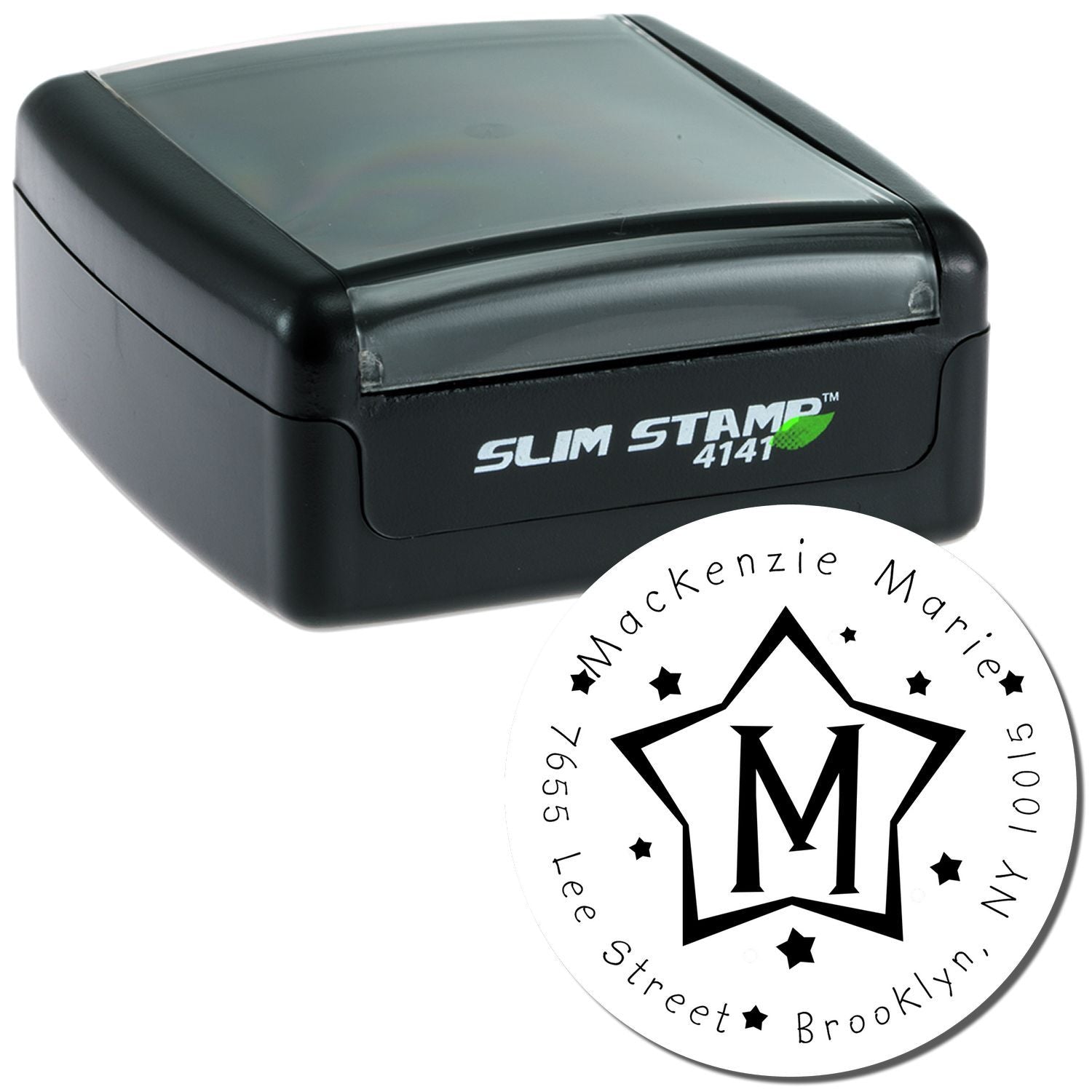 Close-up of Slim Stamp 4141 self-inking stamp with brand logo on black body for quick labeling and document marking.