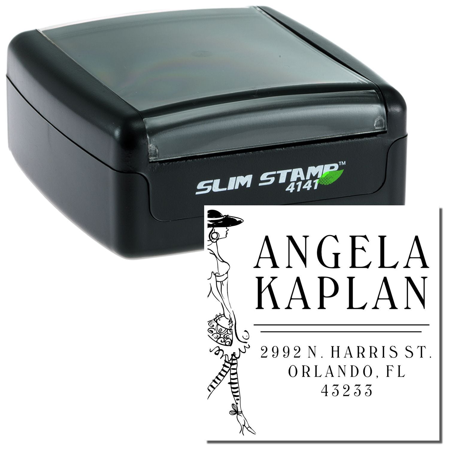 Slim Stamp 4141 self-inking address stamp showing Angela Kaplan name and Orlando, Florida address imprint.