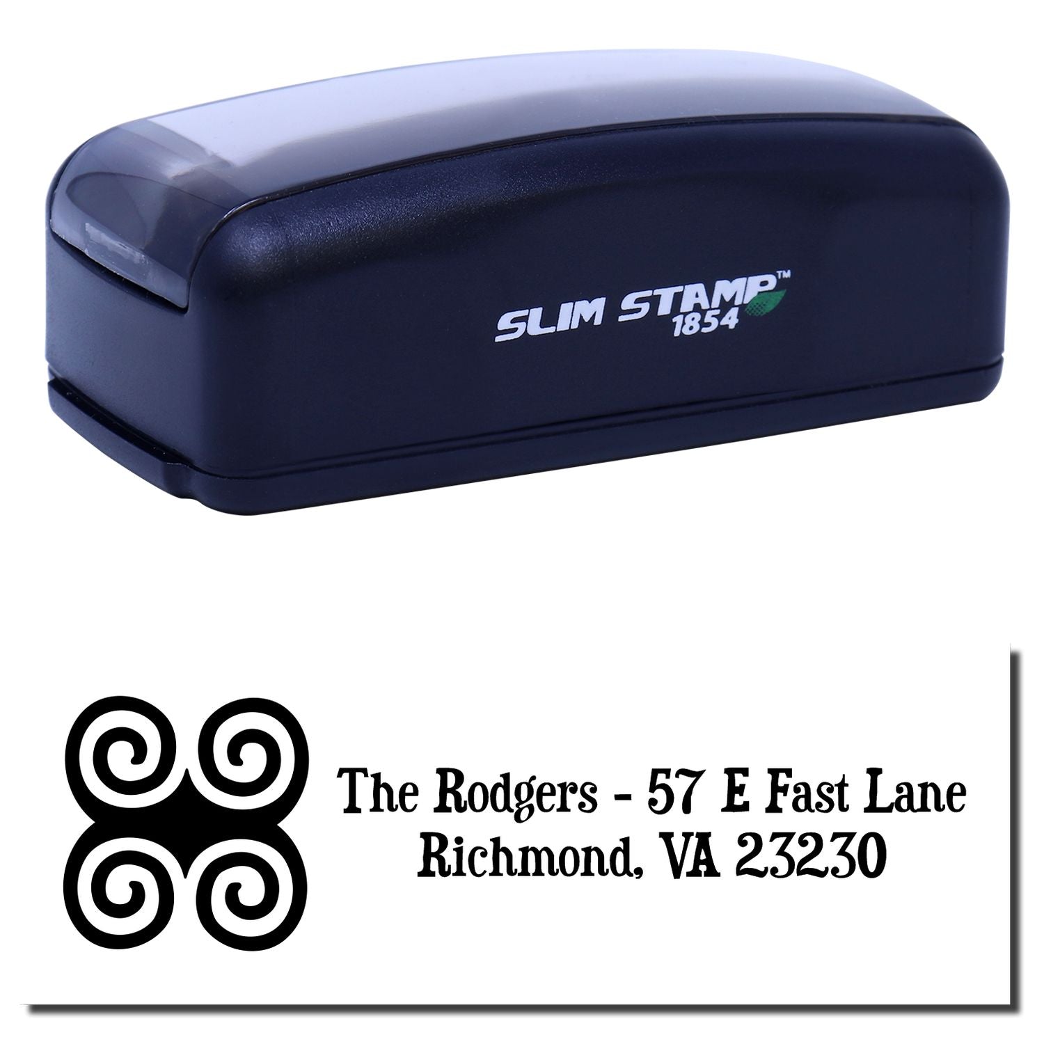 Slim Stamp 1854 self-inking custom address rubber stamp with monogram design for The Rodgers, Richmond, VA.