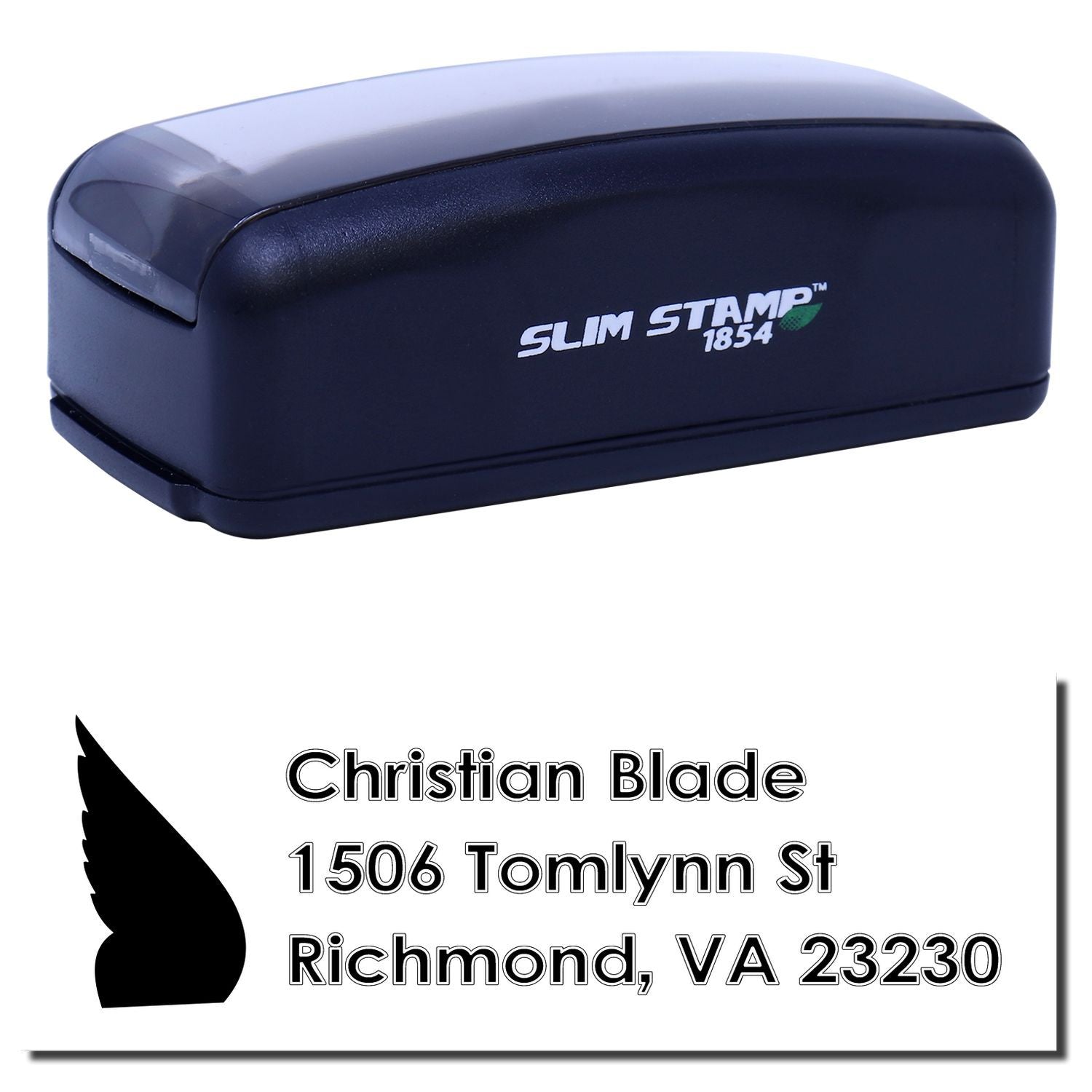 Custom self-inking Slim Stamp 1854 rubber stamp with Christian Blade address imprint and logo.