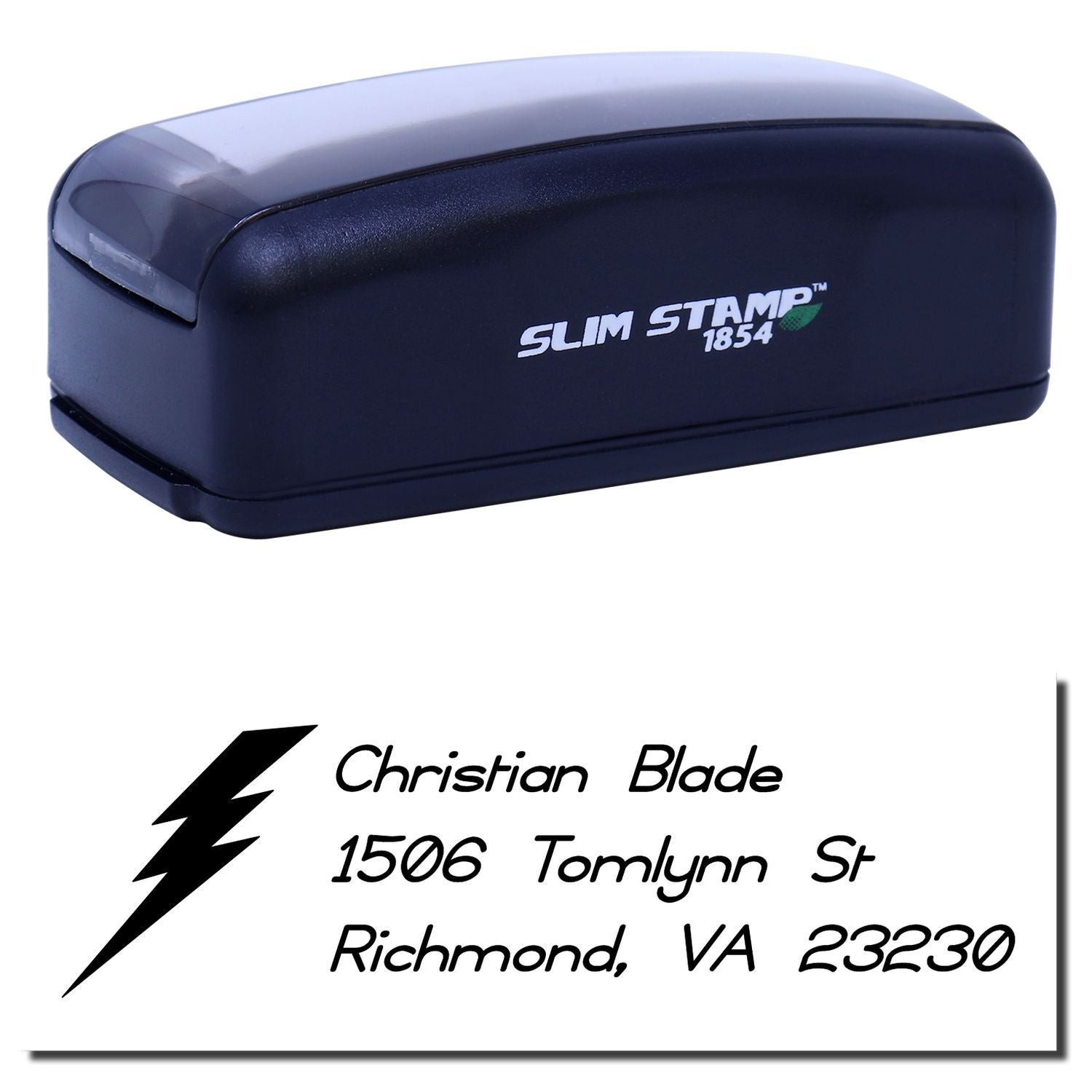 Slim Stamp 1854 custom address rubber stamp with Christian Blade return address imprint for mailing and branding.