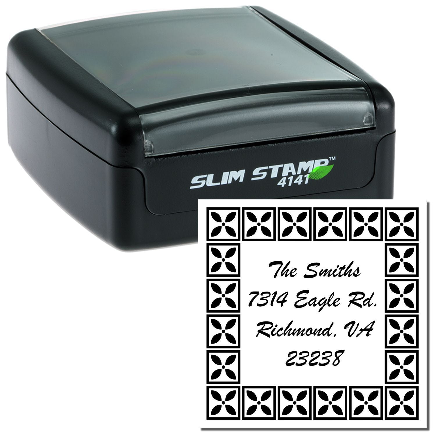Slim Stamp 4141 custom address stamp imprint for The Smiths, 7314 Eagle Rd, Richmond VA 23238, ready for mailing envelopes and packages.