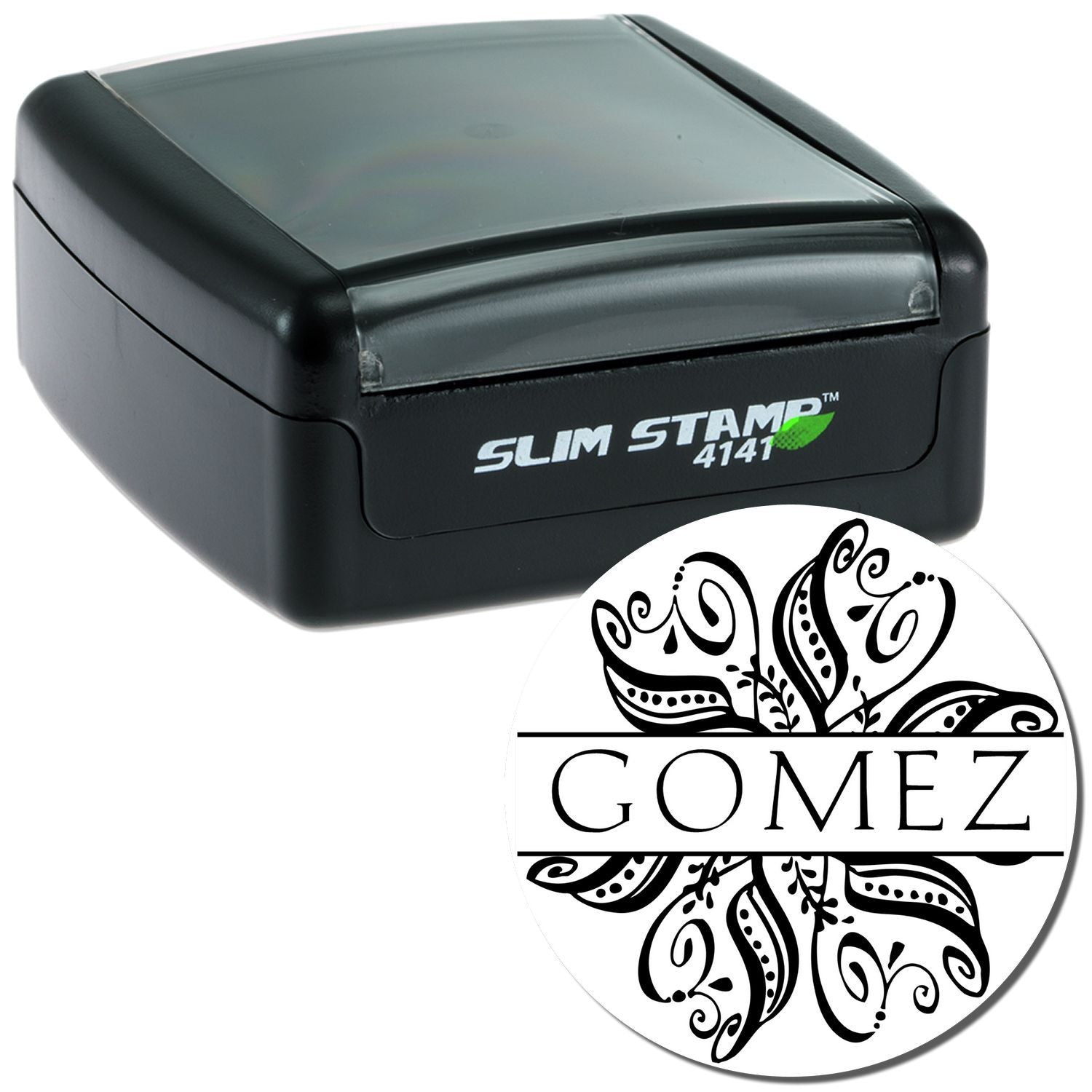 Slim Stamp 4141 self-inking stamp pad showing imprint maker logo, used for quick, clean custom stamping for businesses