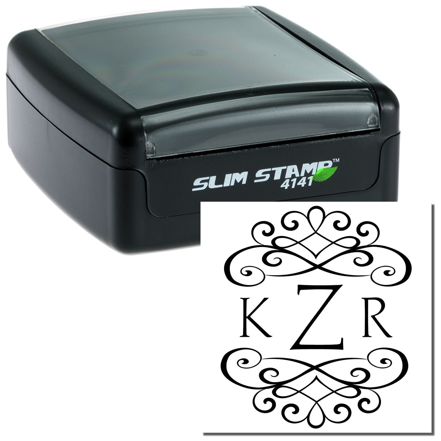 Slim STAMP 4141 ink stamp with decorative KZR monogram, used to mark documents, address labels, and stationery.