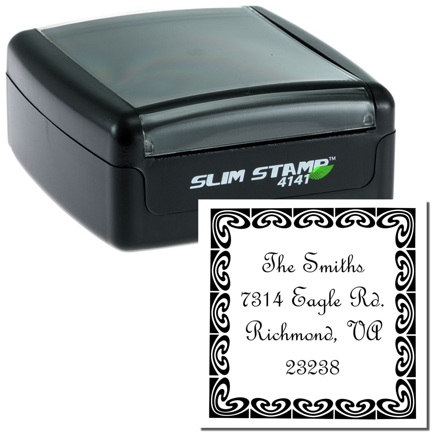 Slim Stamp 4141 address stamp for envelopes and shipping labels, imprinting The Smiths, 7314 Eagle Rd, Richmond VA 23238 postal mail