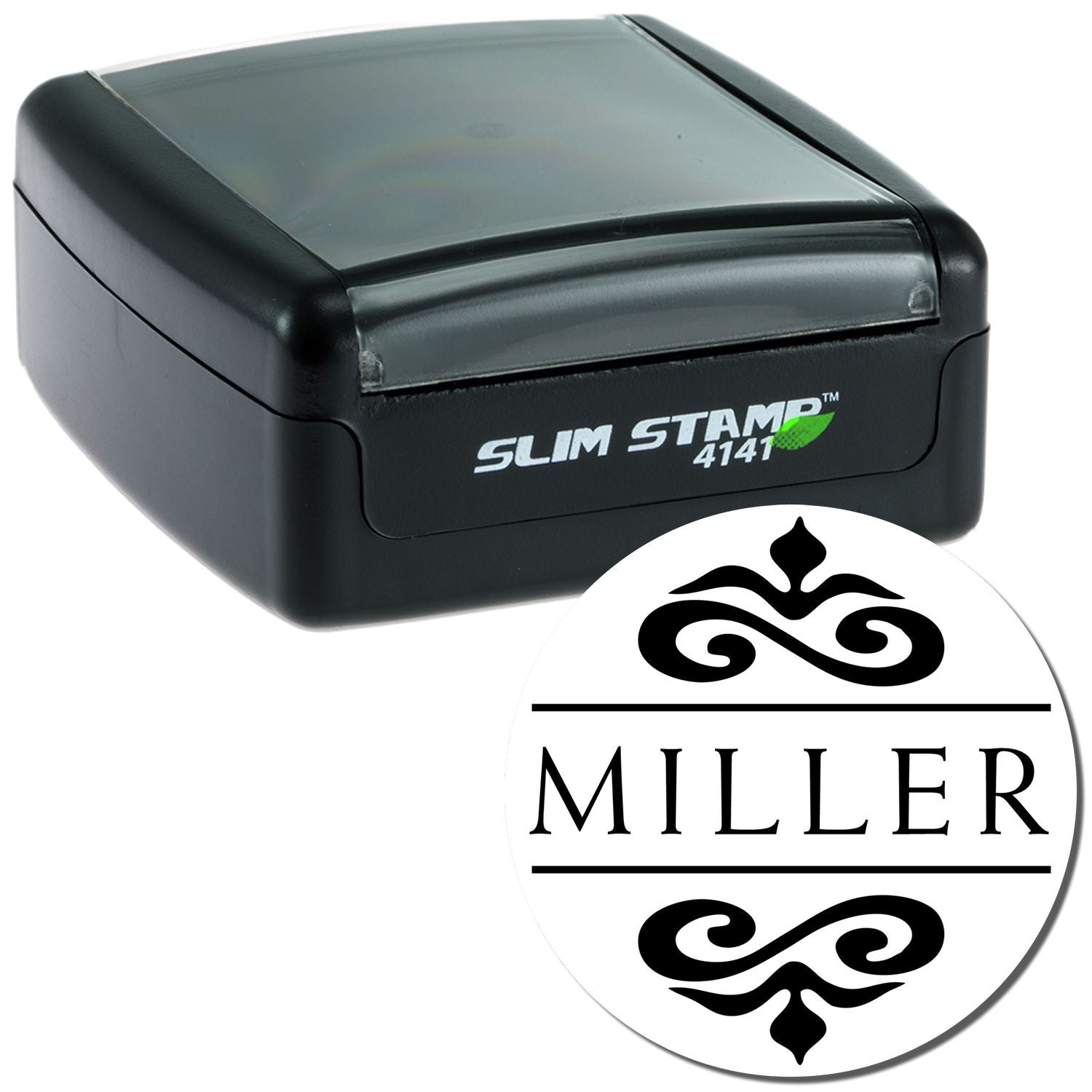 Slim Stamp 4141 ink stamp with Miller logo, showing compact self-inking tool for inventory labeling and paperwork marking.
