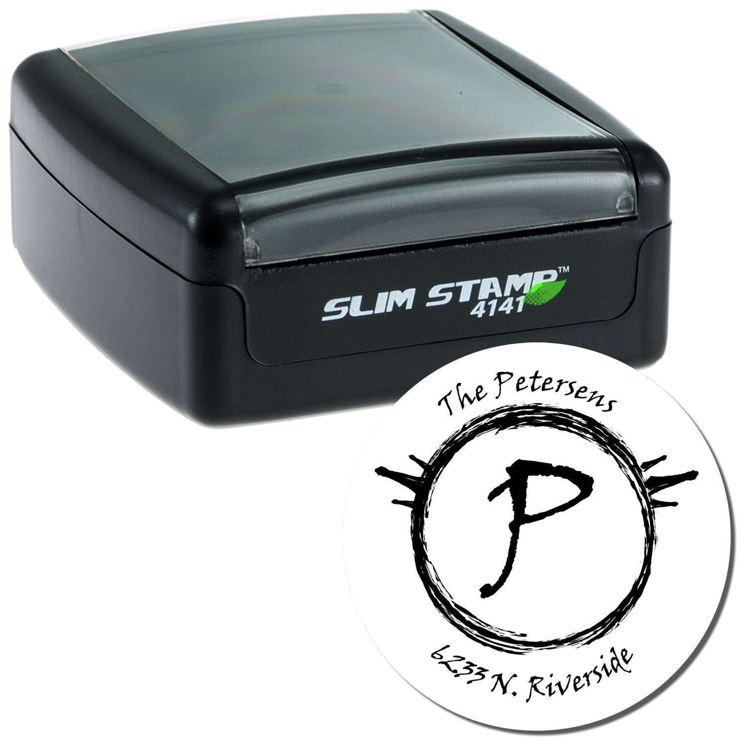 Slim Stamp 4141 self-inking stamp for The Petersens, N. Riversideproduct photo of custom address/label stamp.