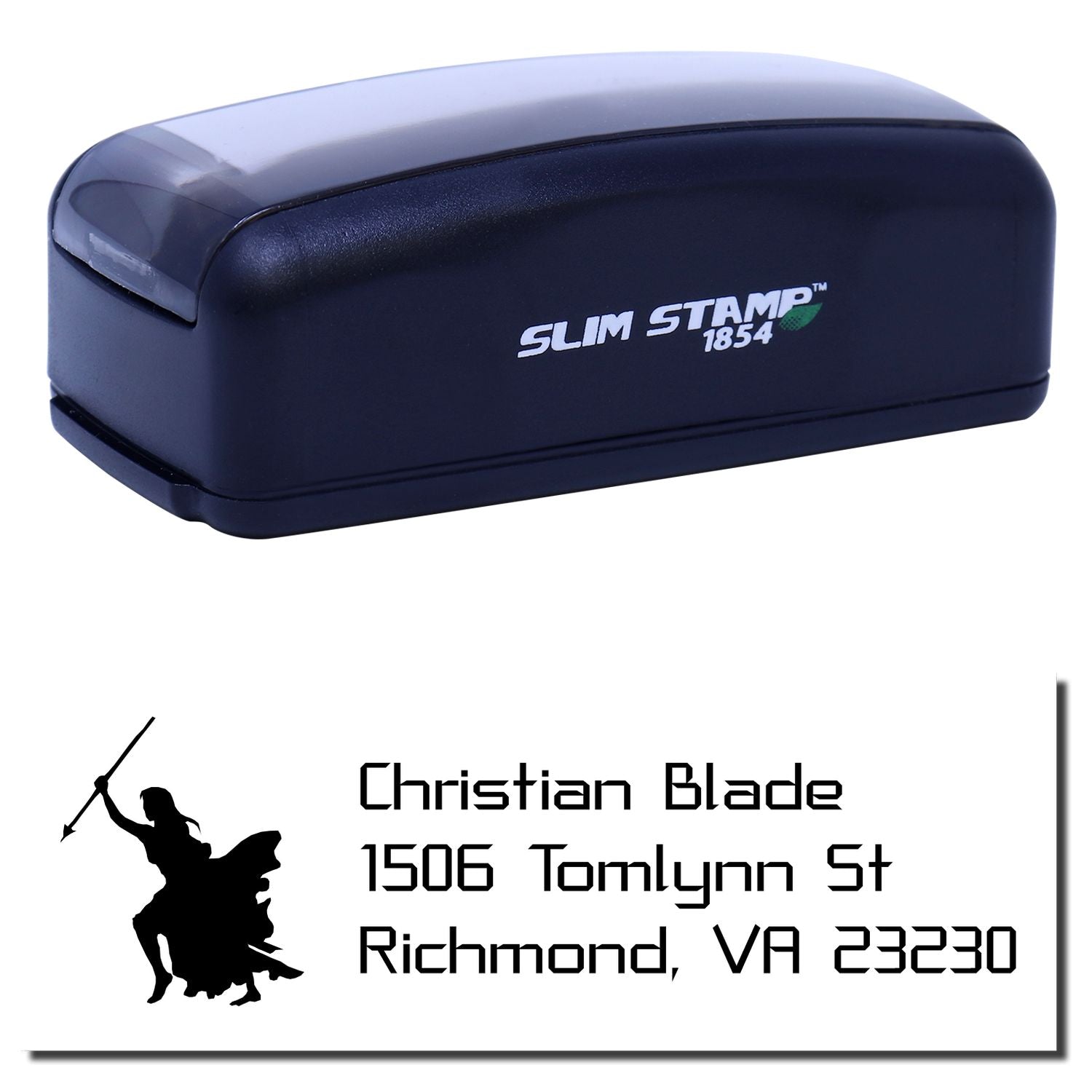 Slim Stamp 1854 personalized self-inking rubber address stamp with Christian Blade name, Richmond, VA address, and logo.