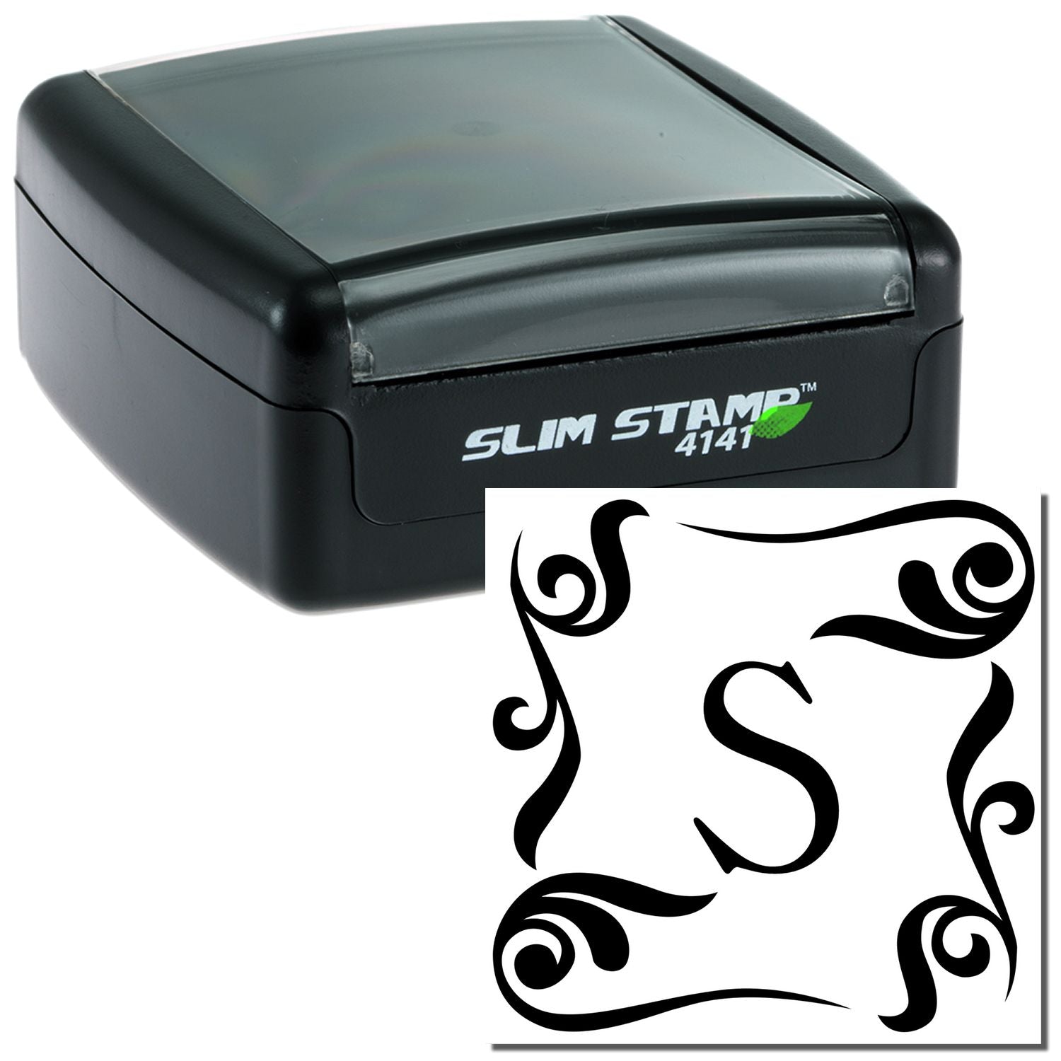 Slim Stamp 4141 compact self-inking stamp with ornate scroll design, showing branded label for office document stamping.