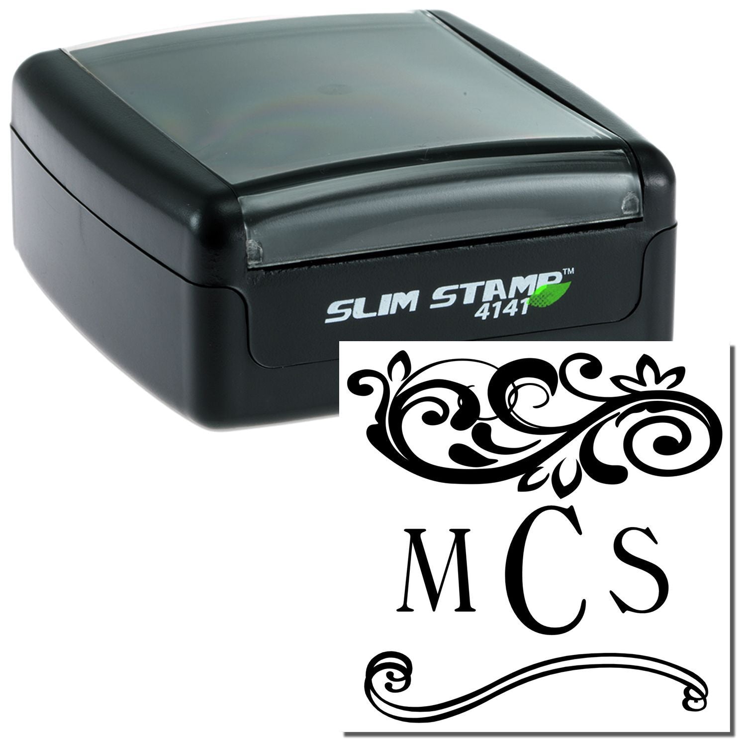 Slim Stamp 4141 self-inking stamp with MCS branding, floral design for quick custom marking on documents, shipping labels, and forms.