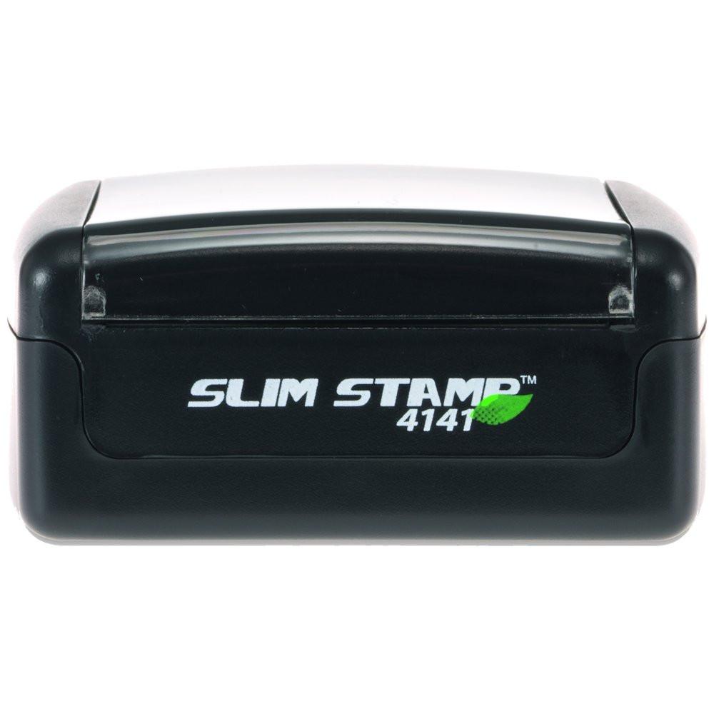 Black Slim Stamp 4141 self-inking rubber stamp for custom business branding and fast document marking.