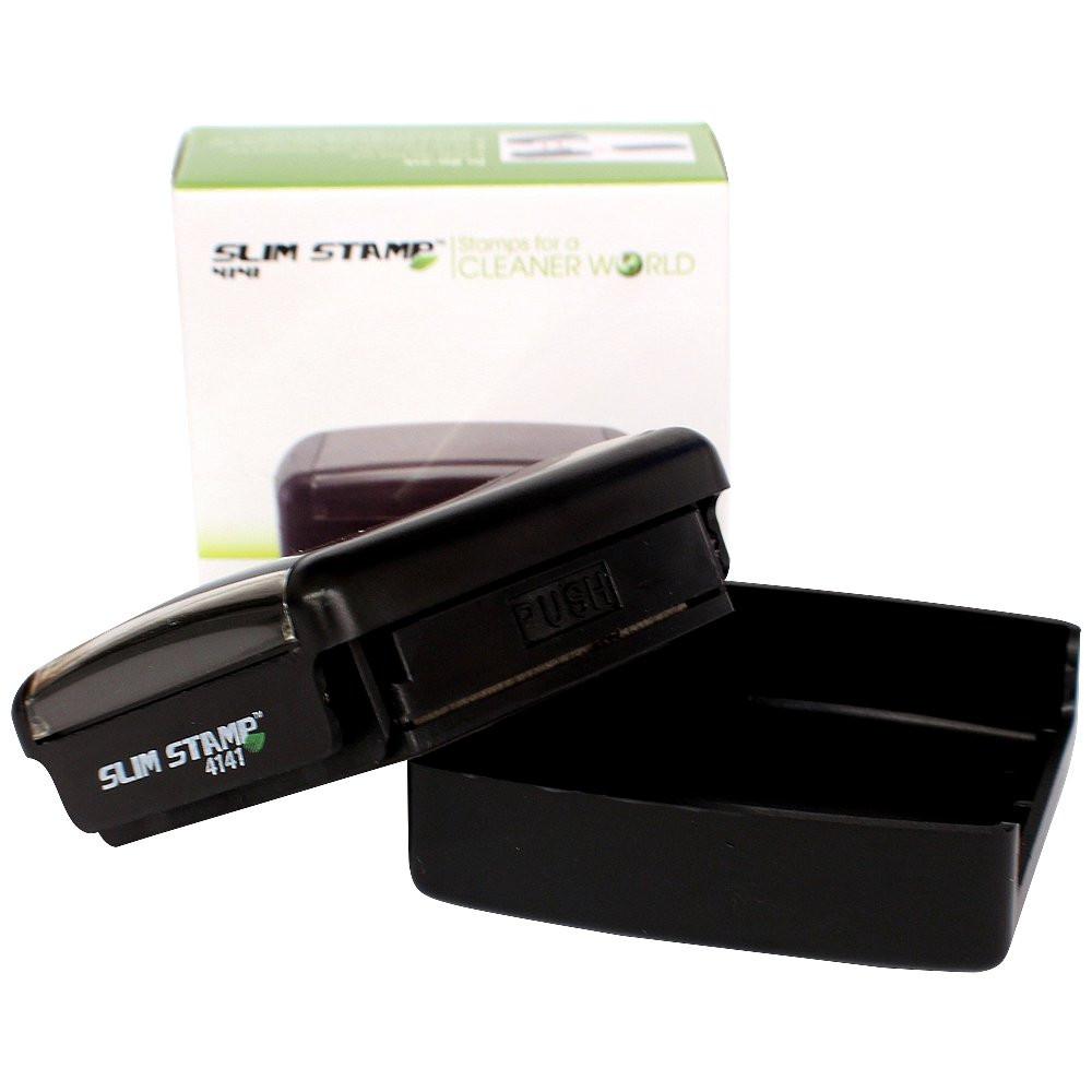 Slim Stamp self-inking rubber stamp with case and box packaging for fast, professional office marking.