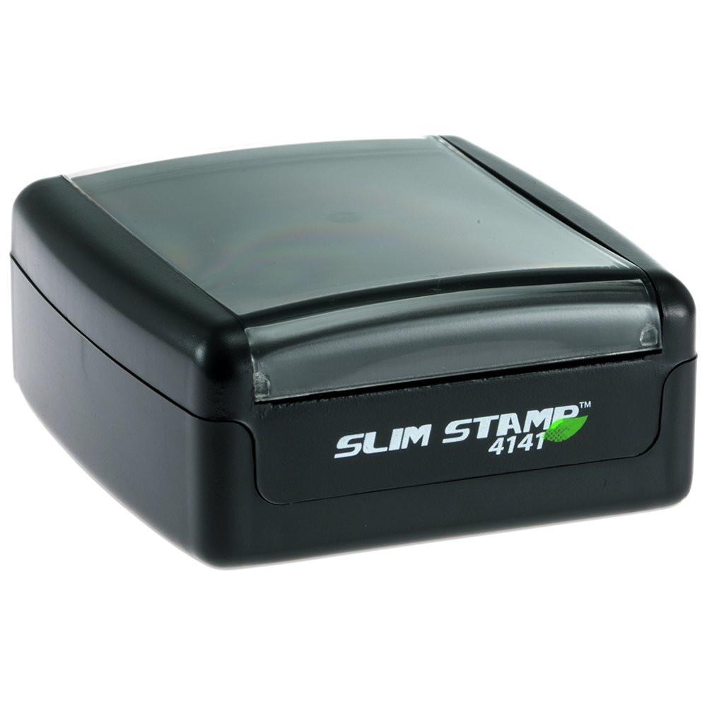 Black Slim Stamp 4141 self-inking rubber stamp for office documents and custom branding.