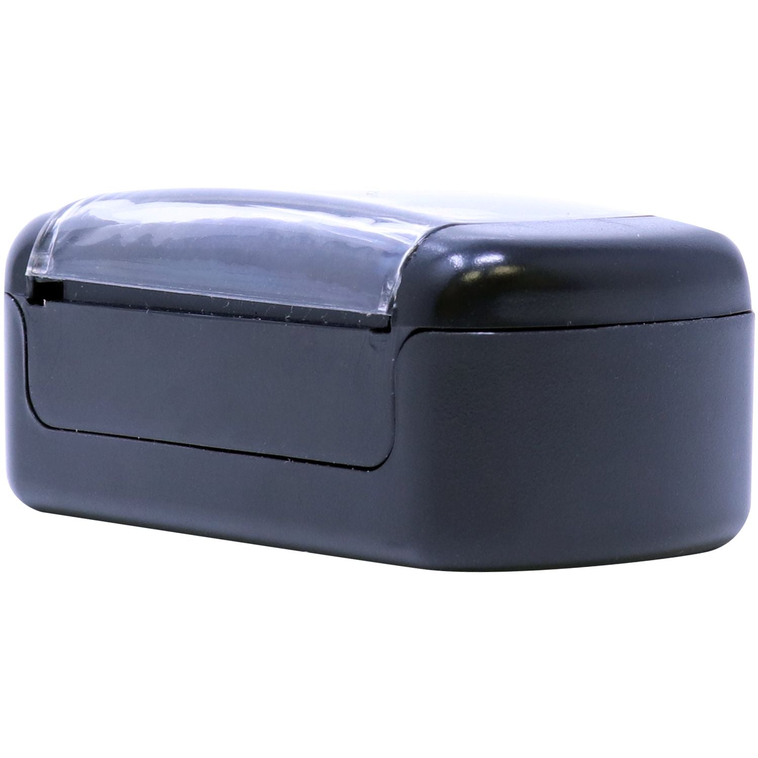 Black plastic storage container with a clear hinged lid on a white background.