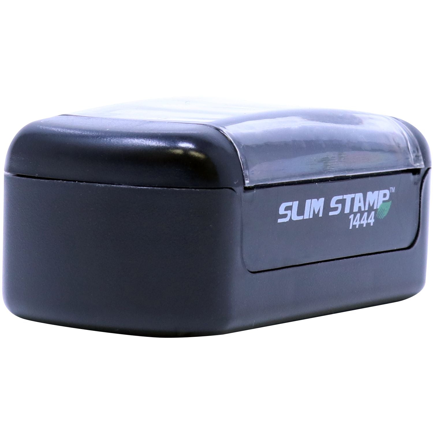 Black Slim Stamp 1444 self-inking rubber stamp with clear protective cover on a white background