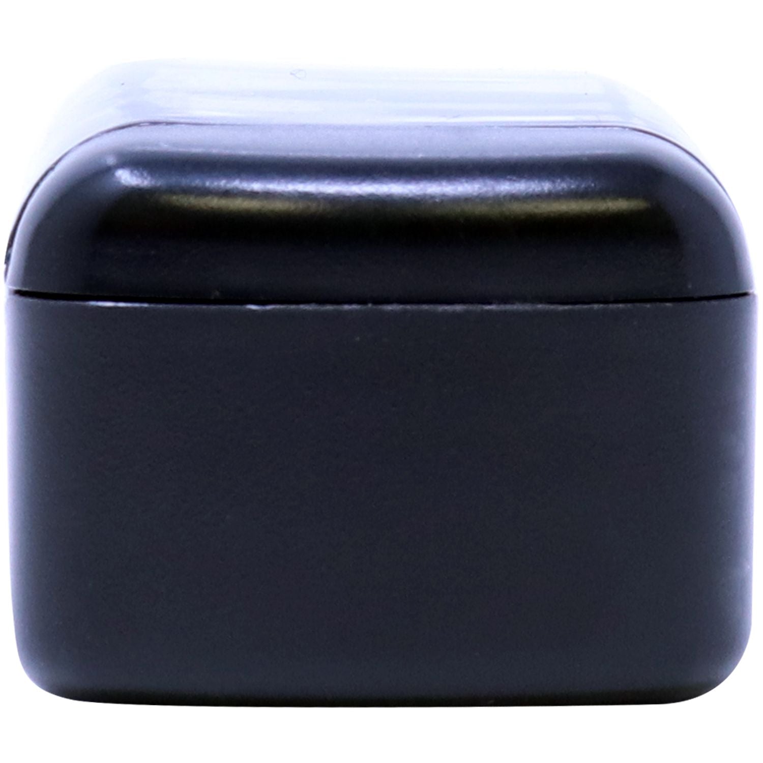Black wireless earbuds charging case on white background, compact matte headphone storage case.