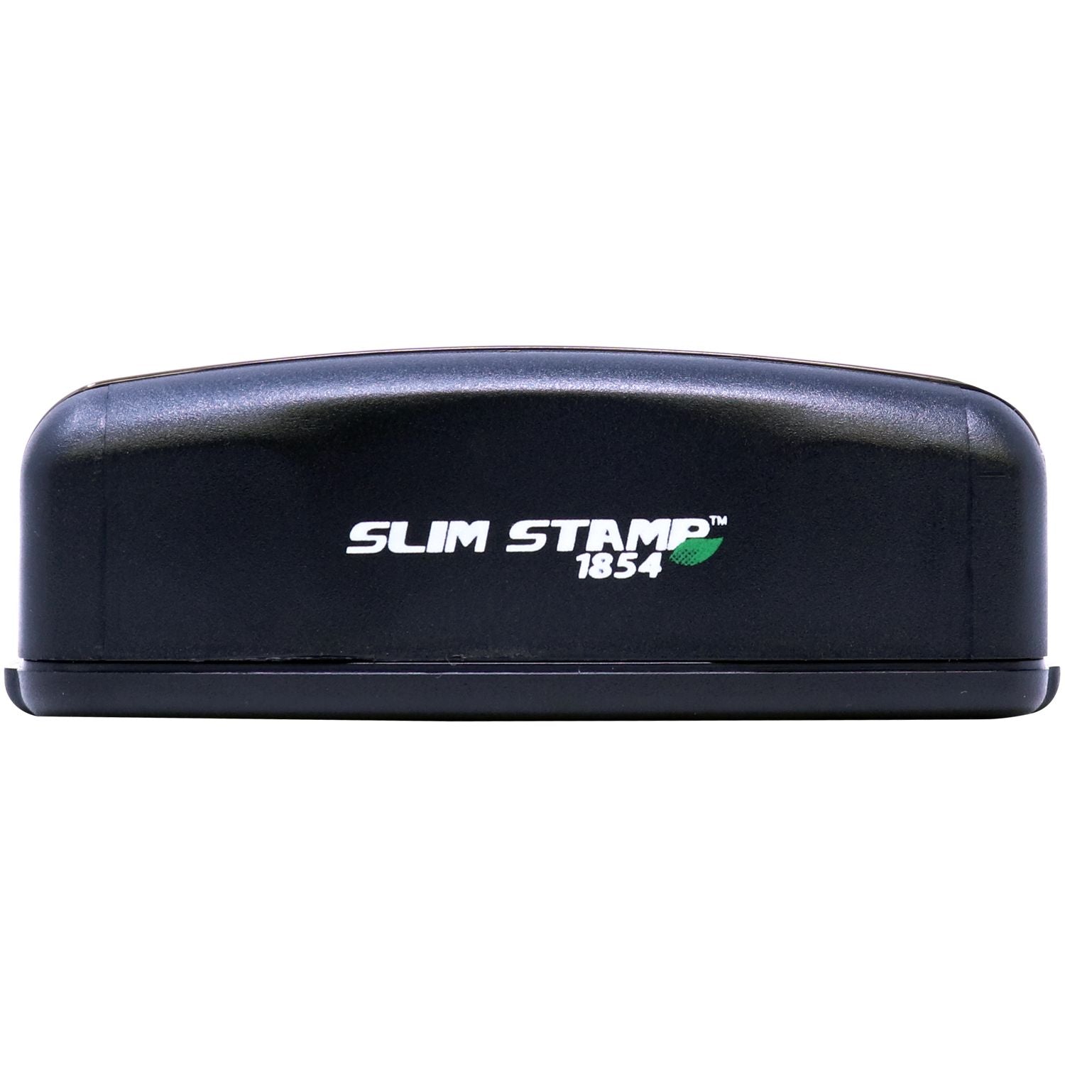 Black Slim Stamp 1854 self-inking stamp on a white background, compact office rubber stamp case