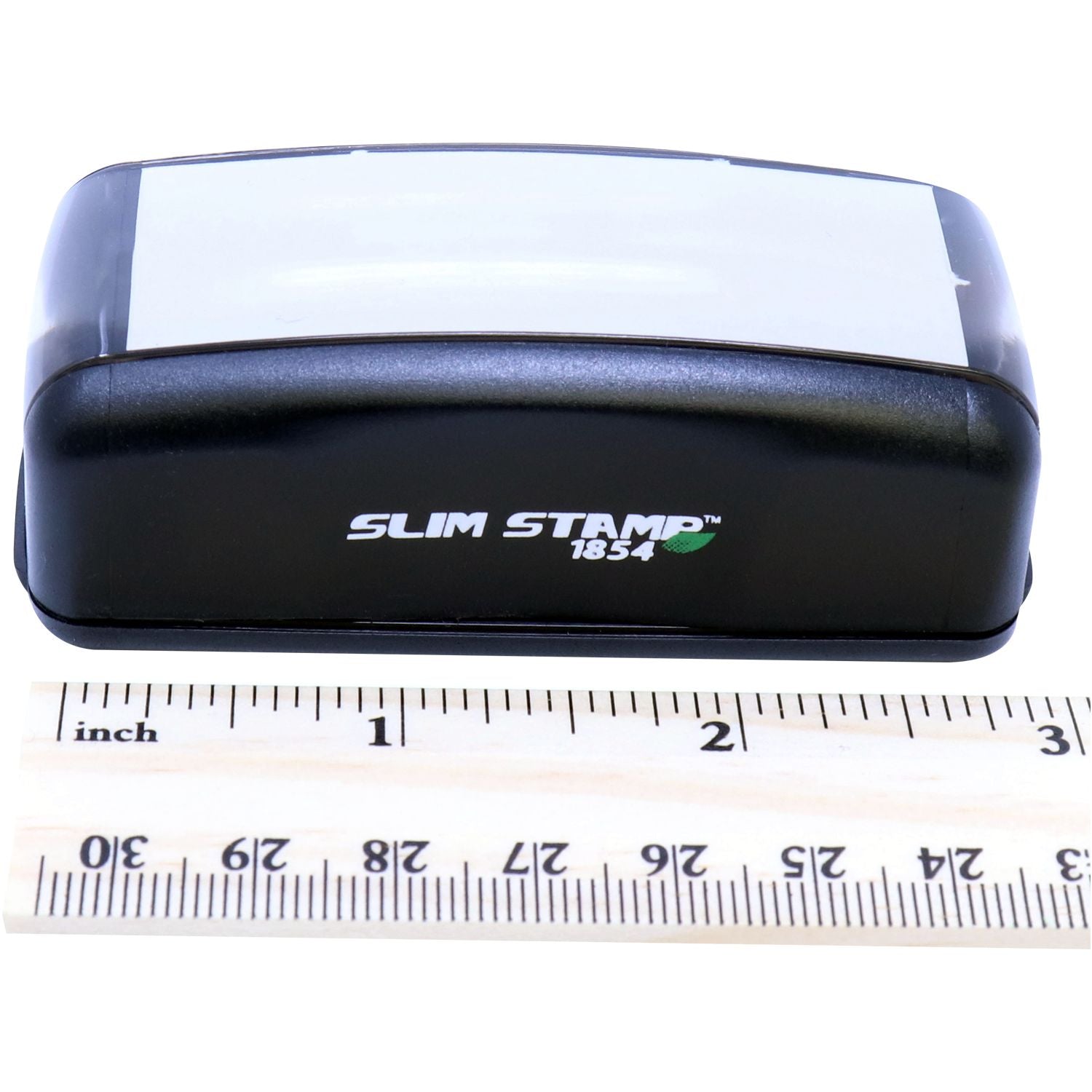 Slim Stamp 1854 pocket stamp shown with measuring ruler for size and packaging dimensions
