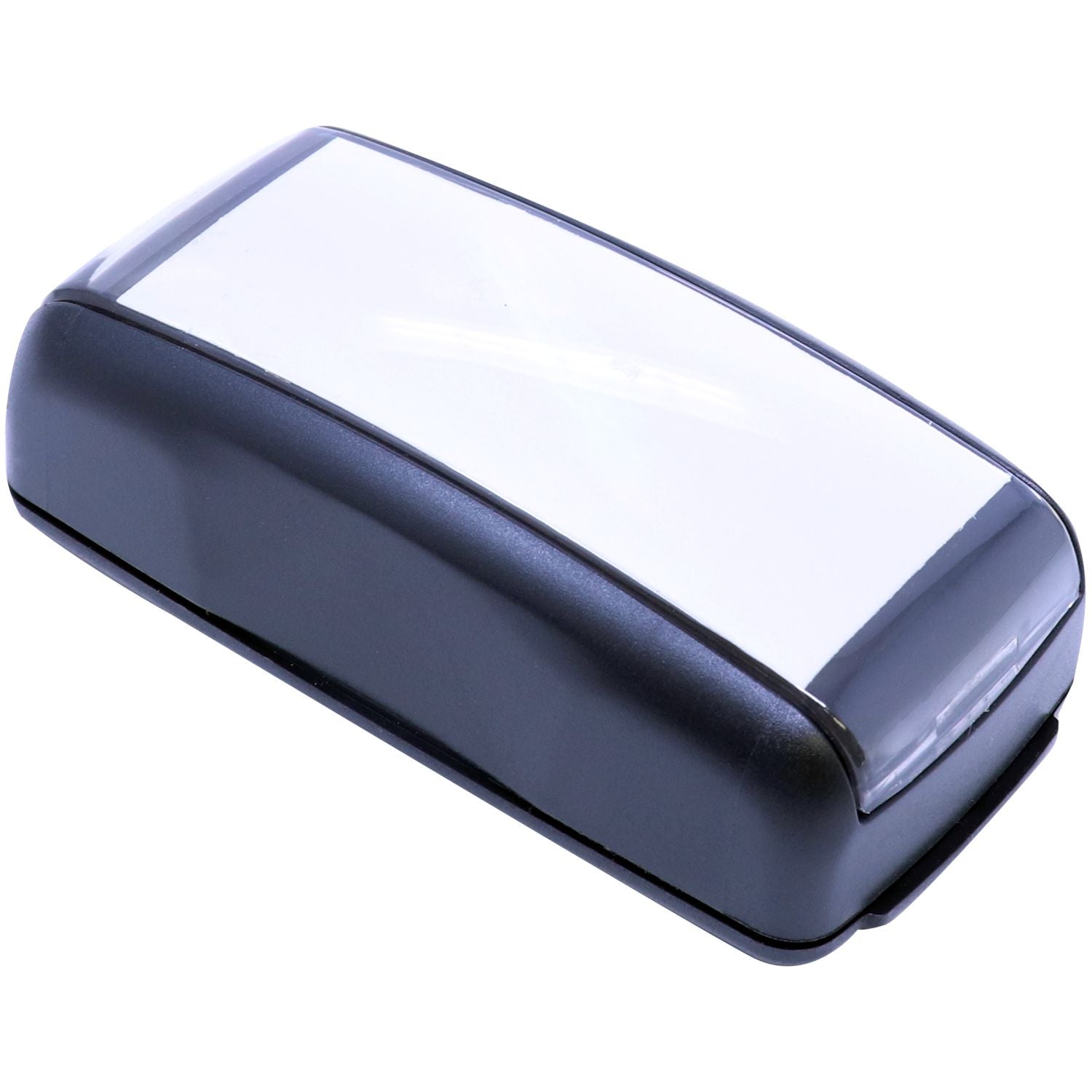Close-up of a dark gray car key fob remote for keyless entry and remote start on a white background.