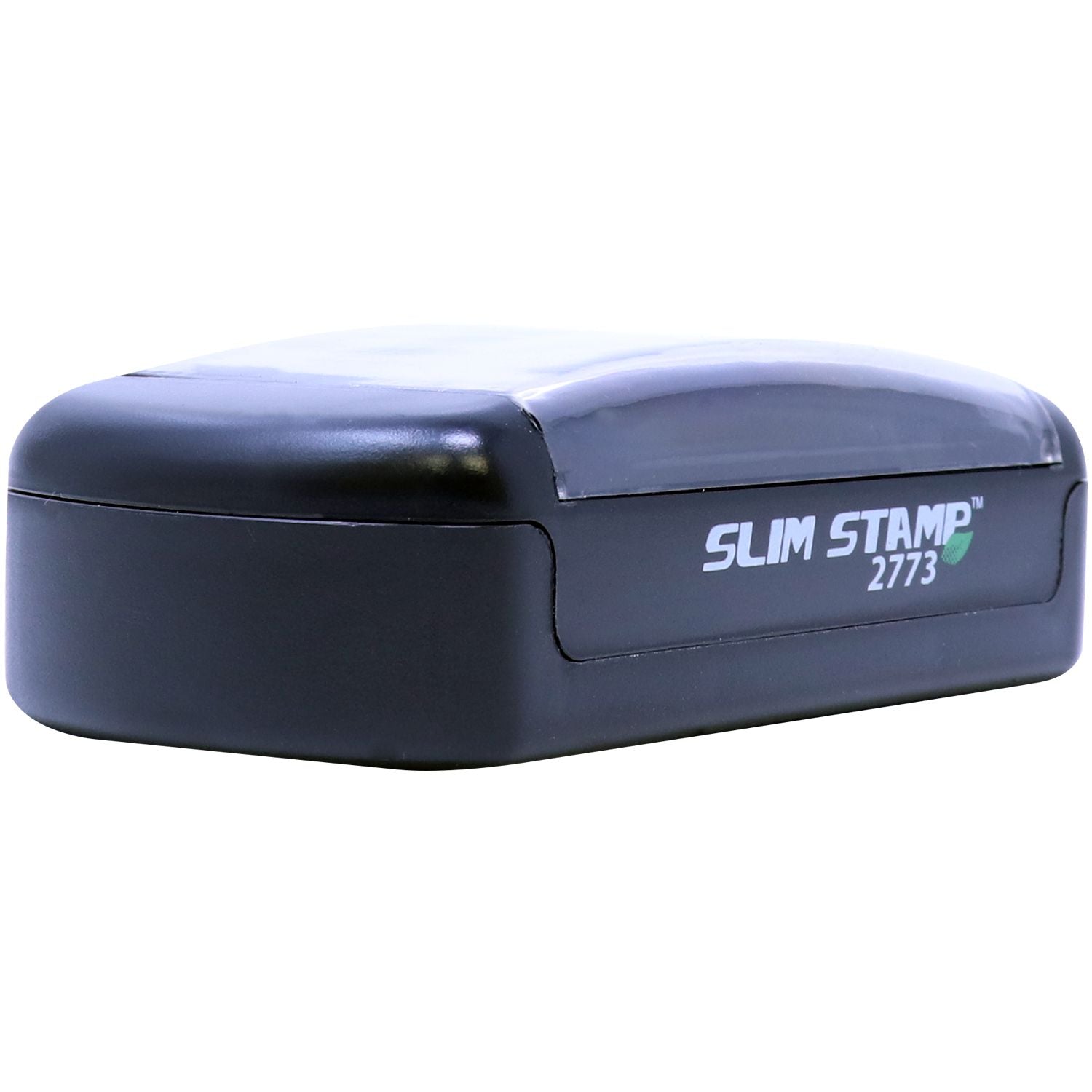 Black Slim Stamp 2773 self-inking stamp on a white background, compact portable office stamp tool