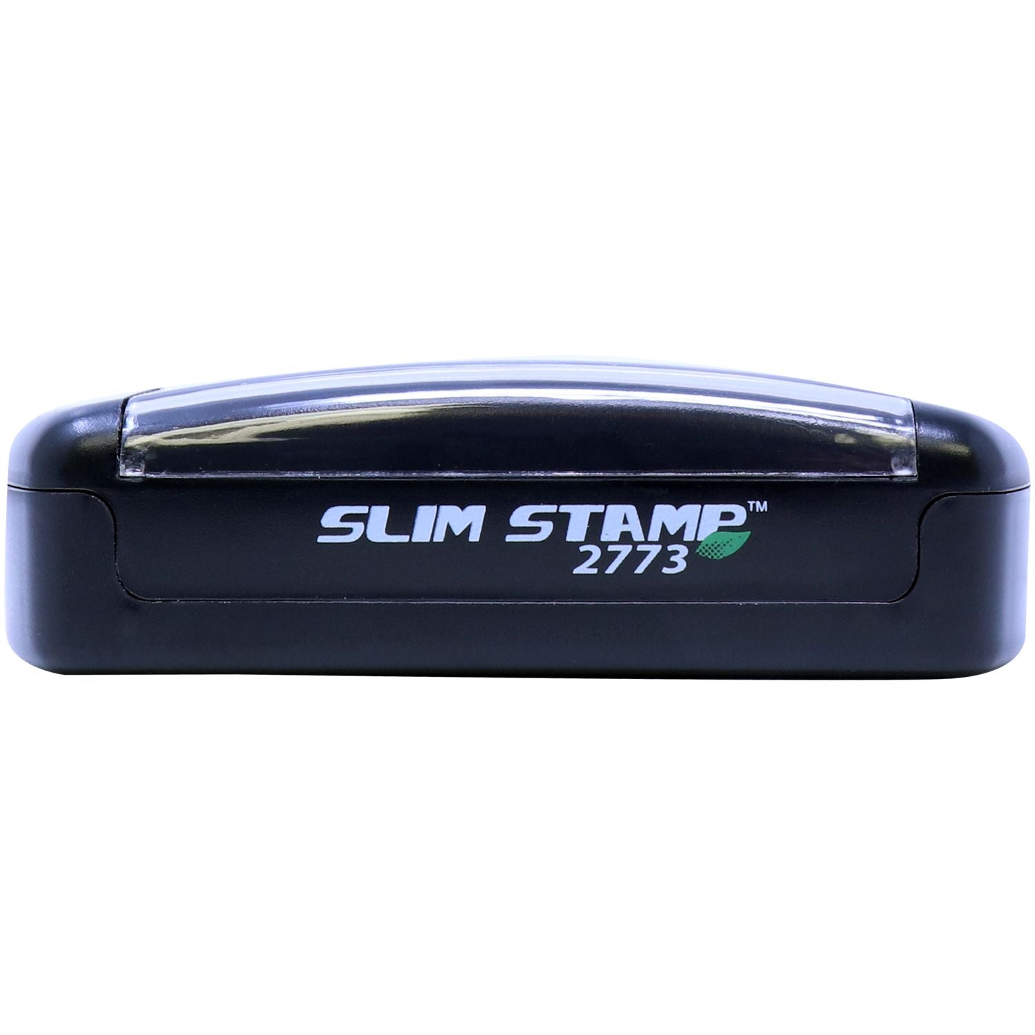 Black Slim Stamp 2773 self-inking pocket stamp with clear cap on white background