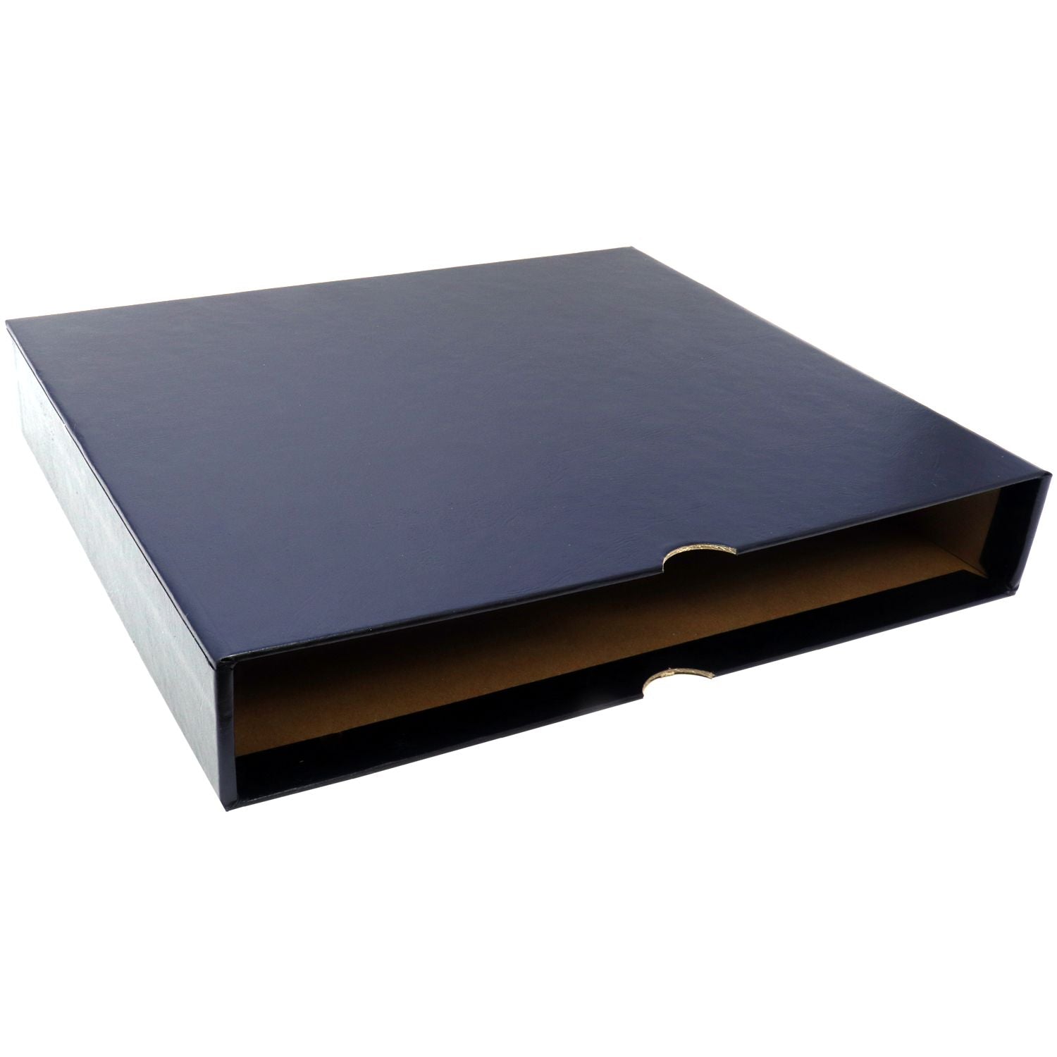 Navy blue document storage box with front opening, ideal for file and archive storage.