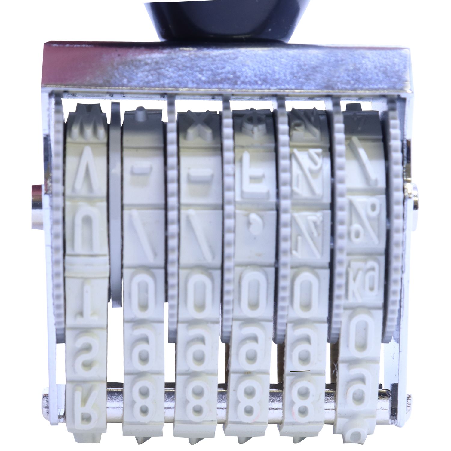Close-up of an industrial automatic numbering machine with rotating alphanumeric wheels and metal housing.