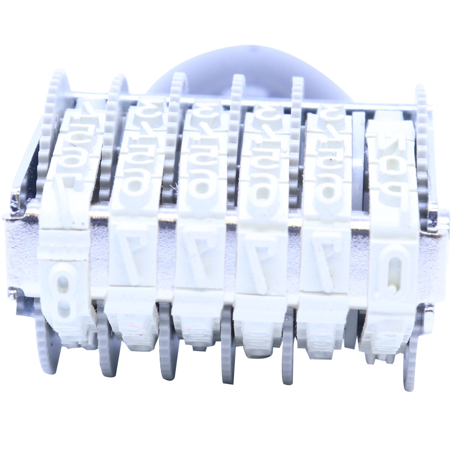 Close-up of a white mechanical number counter with rotating digits and gears on a white background