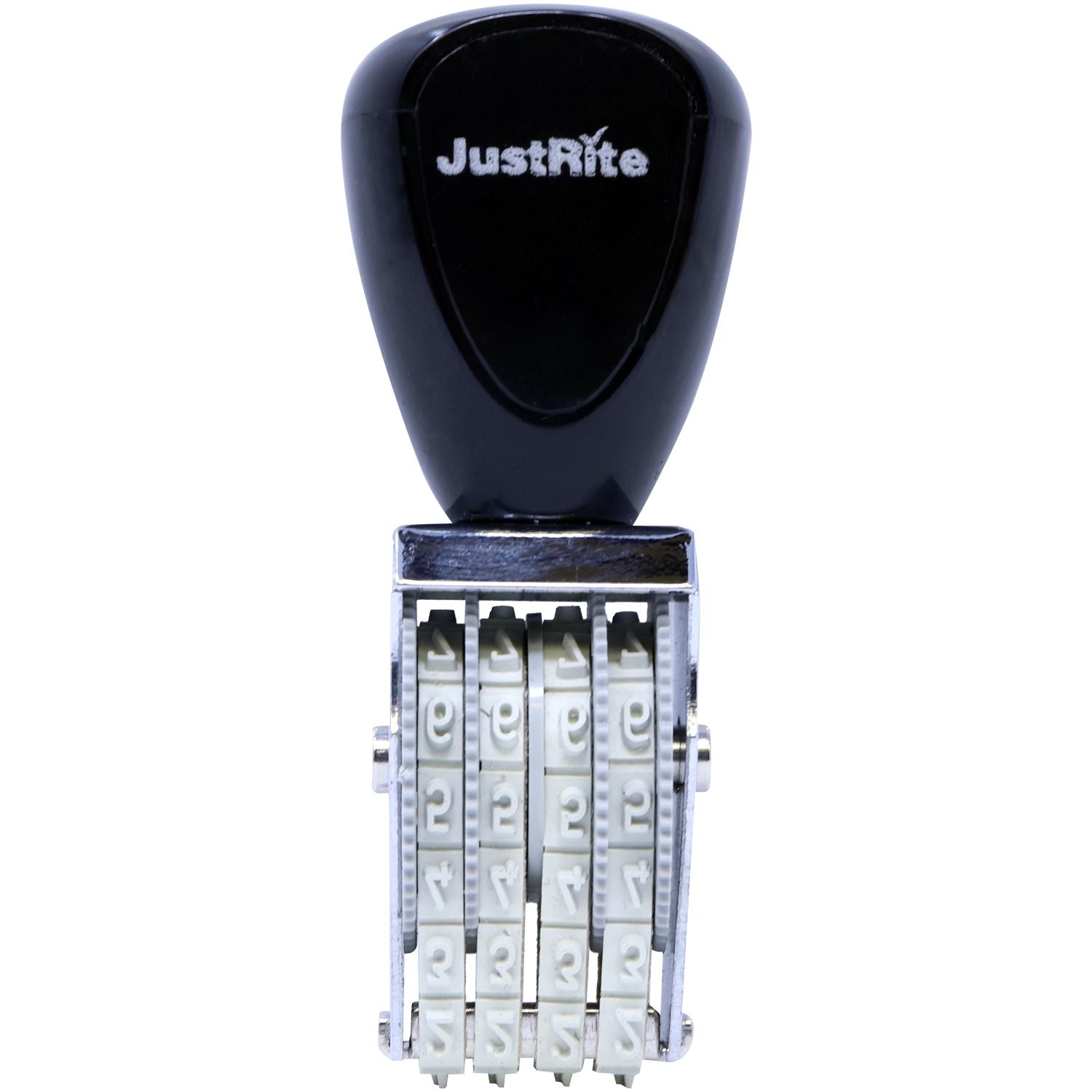 JustRite self-inking number stamp with adjustable rotating bands on a white background