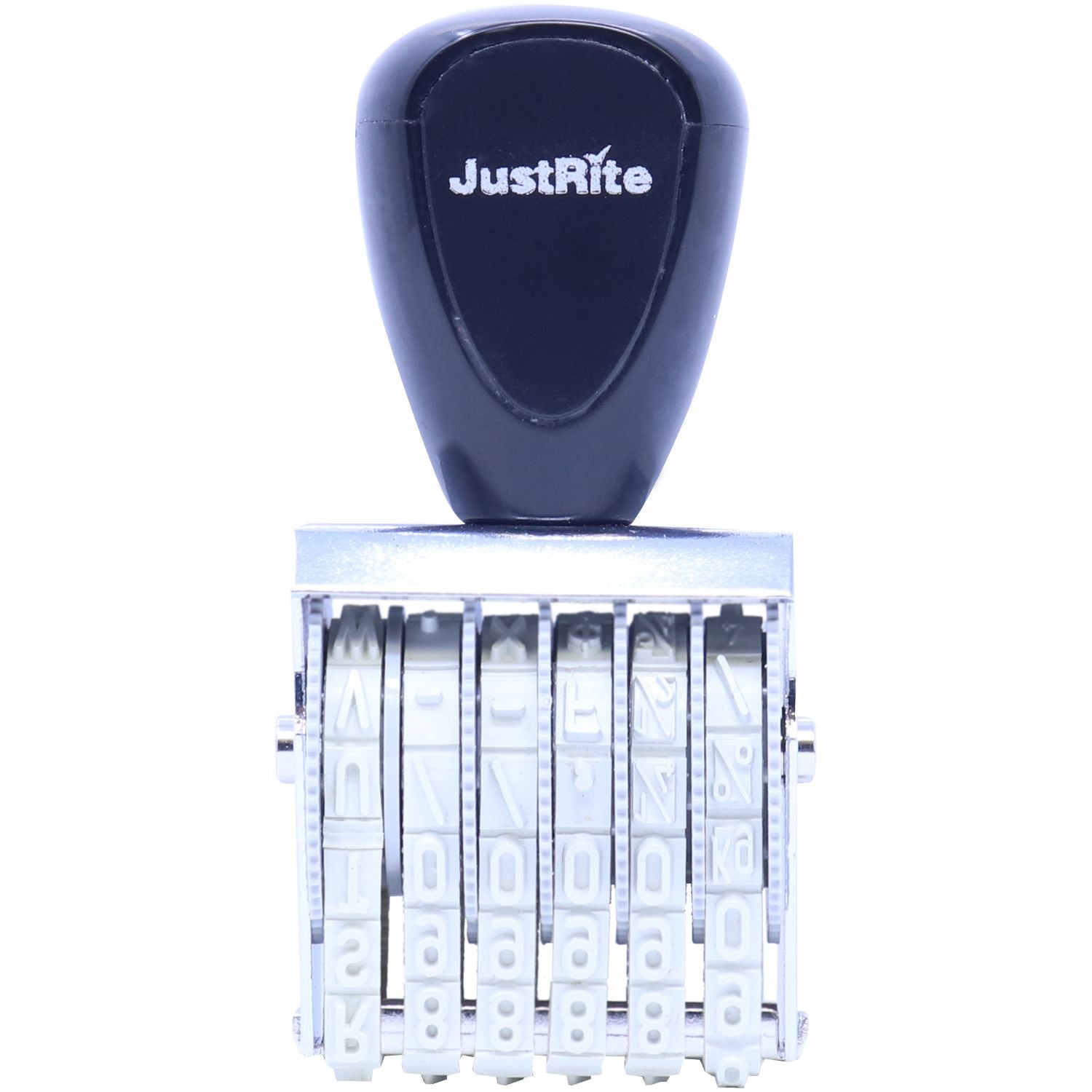 JustRite adjustable number stamp with six rotating number wheels and black handle on a white background