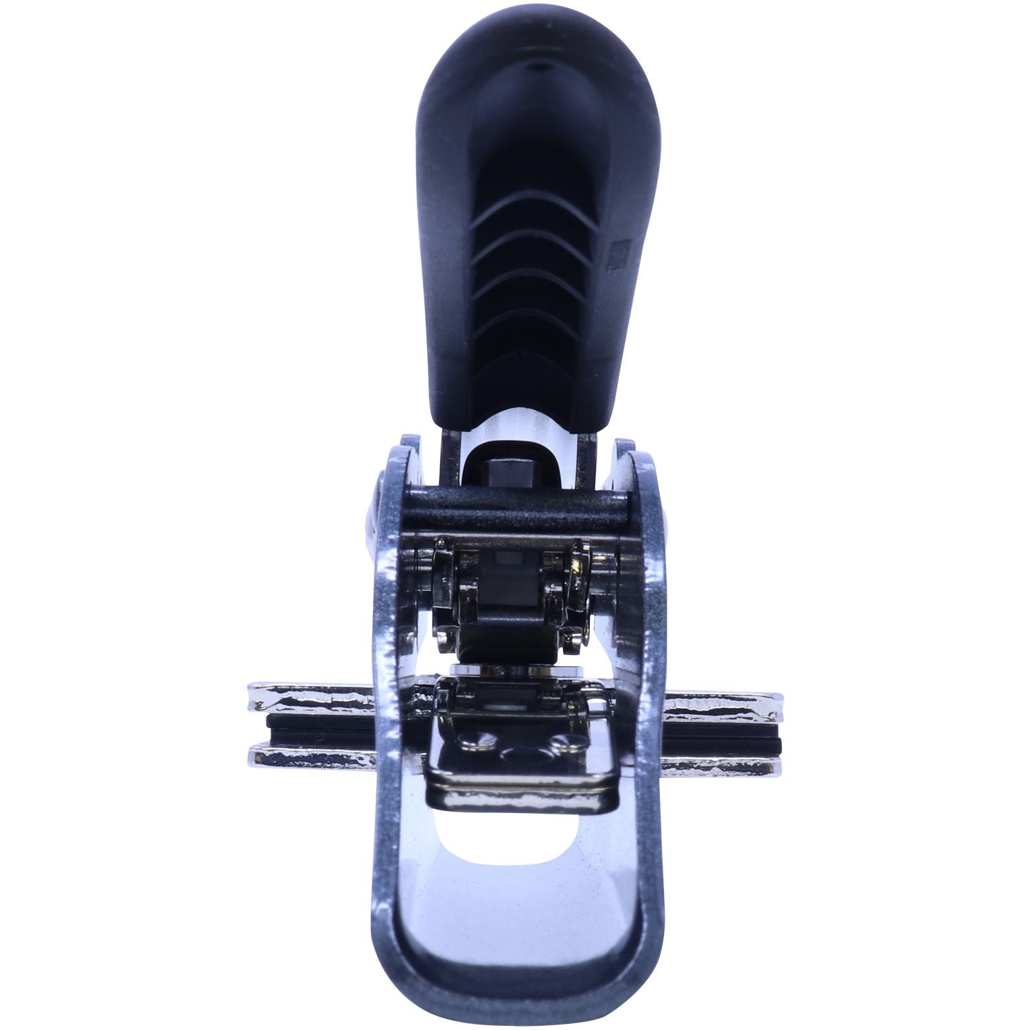 Black metal and plastic clamp mechanism isolated on a white background.