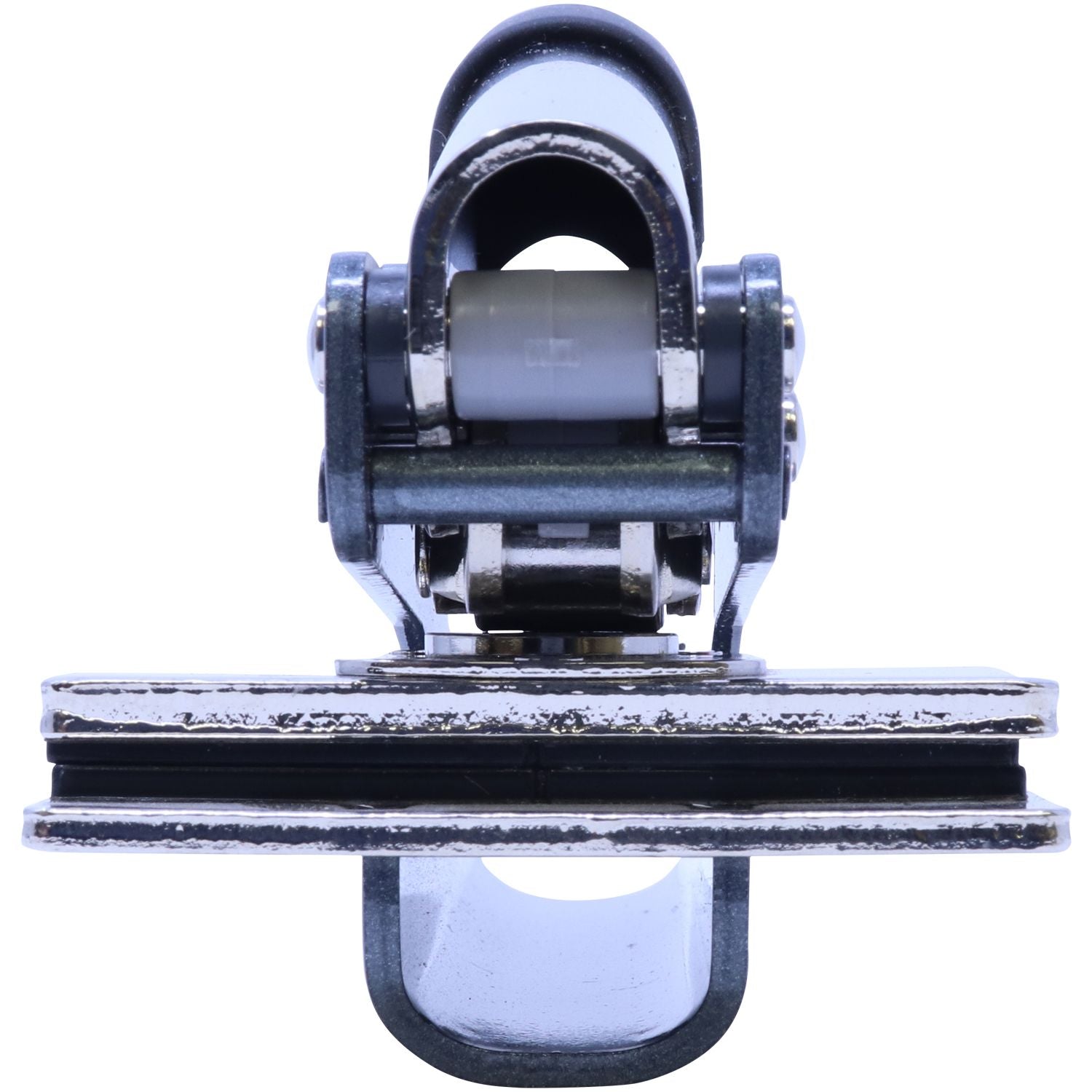 Stainless steel marine hardware roller block with mounting bracket, isolated on white background