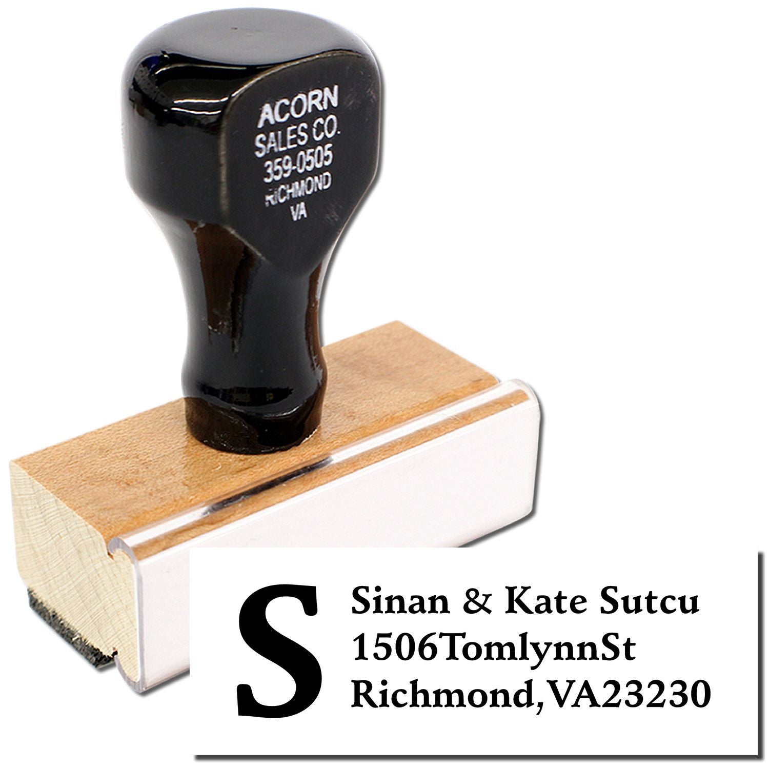 Custom rubber address stamp with name and Richmond, VA address for mailing, business correspondence, and return labels.