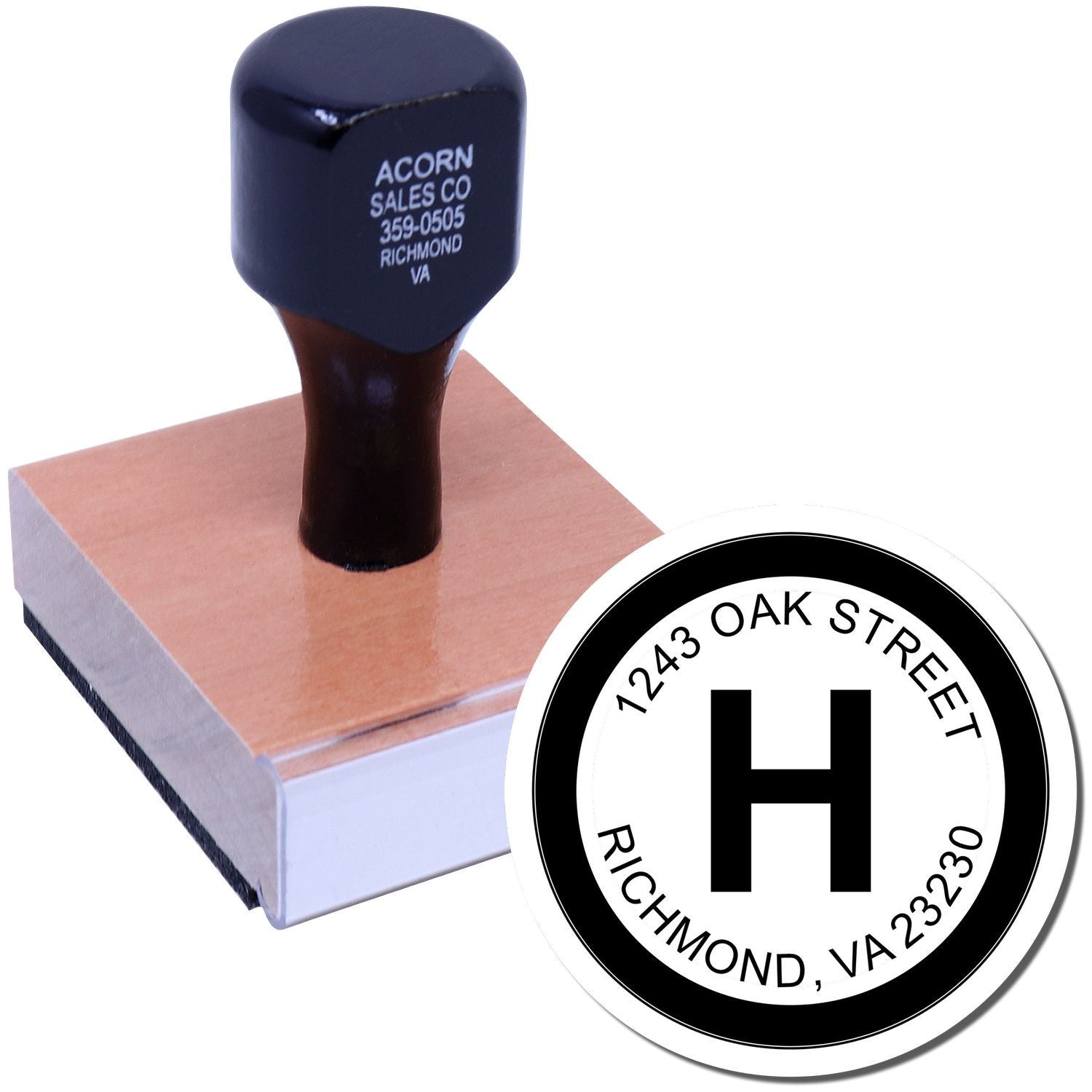 Blue ink rubber stamp and seal imprint for 7243 Oak Street, Richmond VA, for Acorn Sales Co.