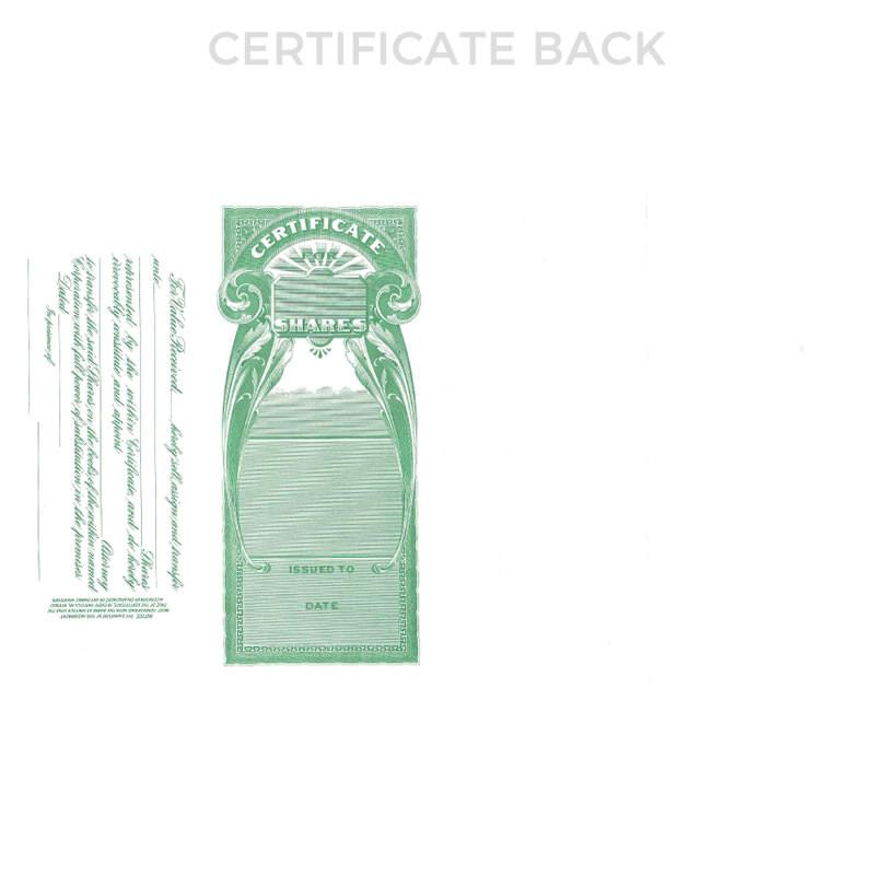 Back view of a share stock certificate showing certificate details, issued-to name, and date.