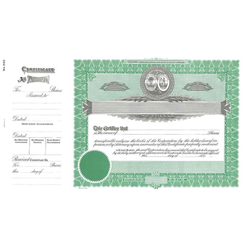 Green stock certificate with certificate of shares and signatures, representing ownership and investment documentation