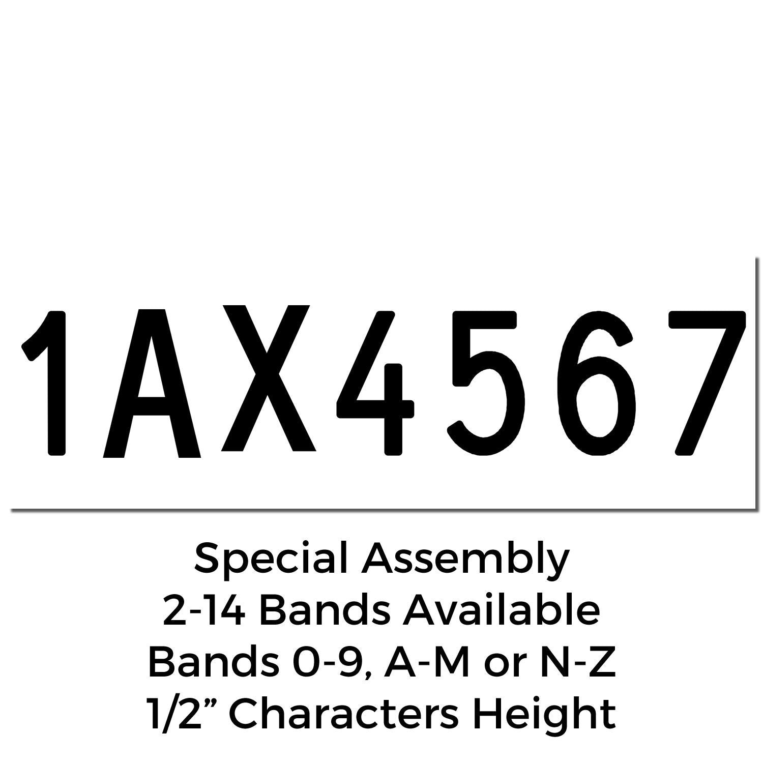 Black and white special assembly license plate number 1AX4567 with 2-14 band options and 1/2-inch character height details.