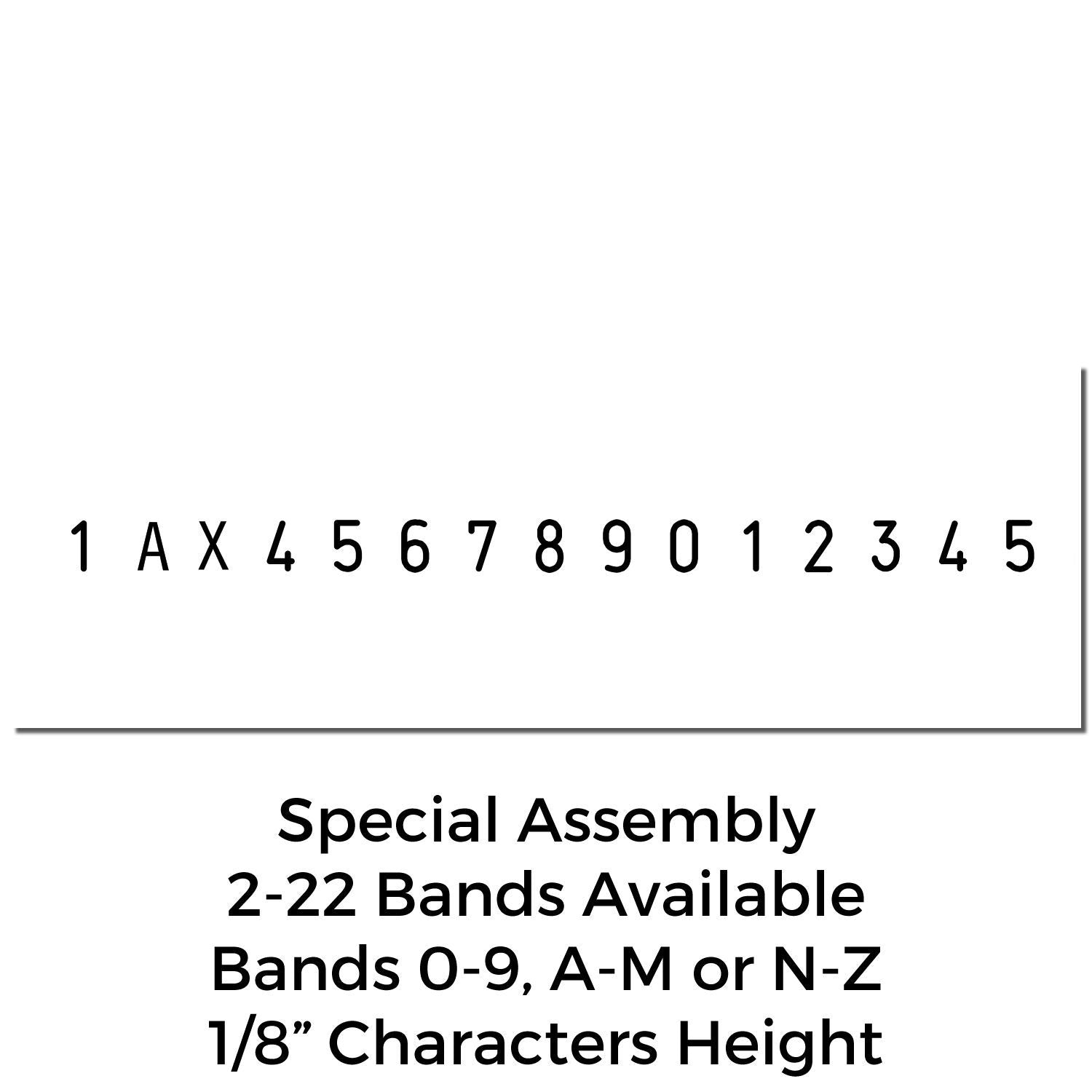 Special Assembly stamp band set with 1/8-inch characters, 2-22 bands available, and options for 0-9, A-M, or N-Z characters.