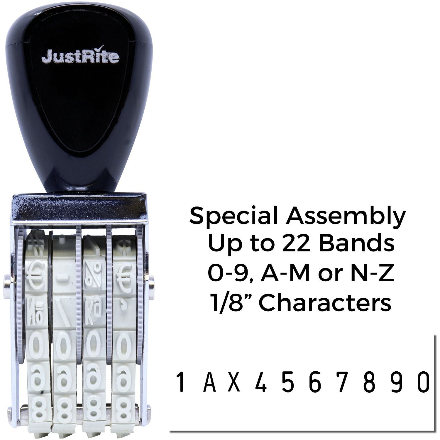 JustRite special assembly custom stamp with 22 bands for 1/8-inch letters and numbers, including A-M, N-Z, and 0-9 characters.