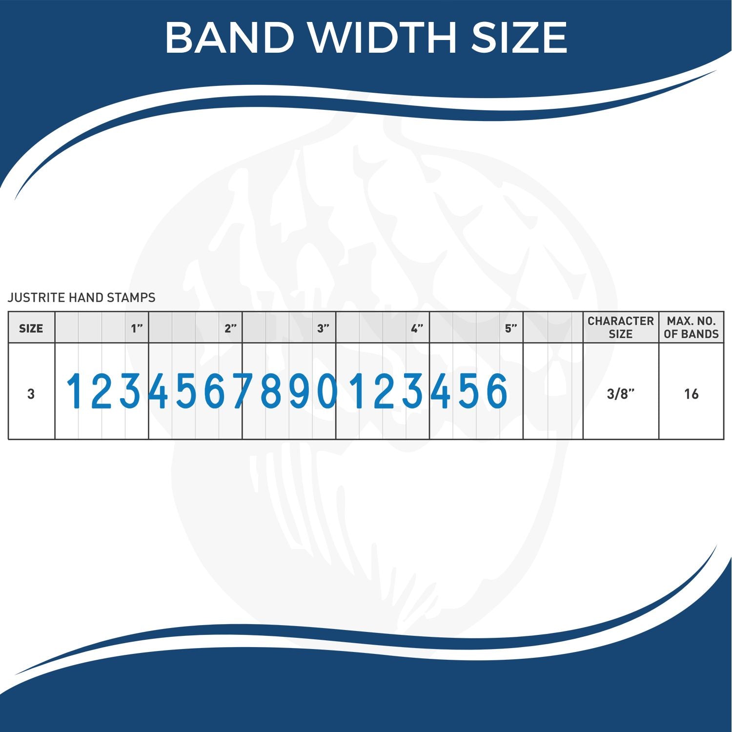 Band width size chart for Justrite hand stamps showing size 3, 3/8-inch character size, and maximum 16 bands.