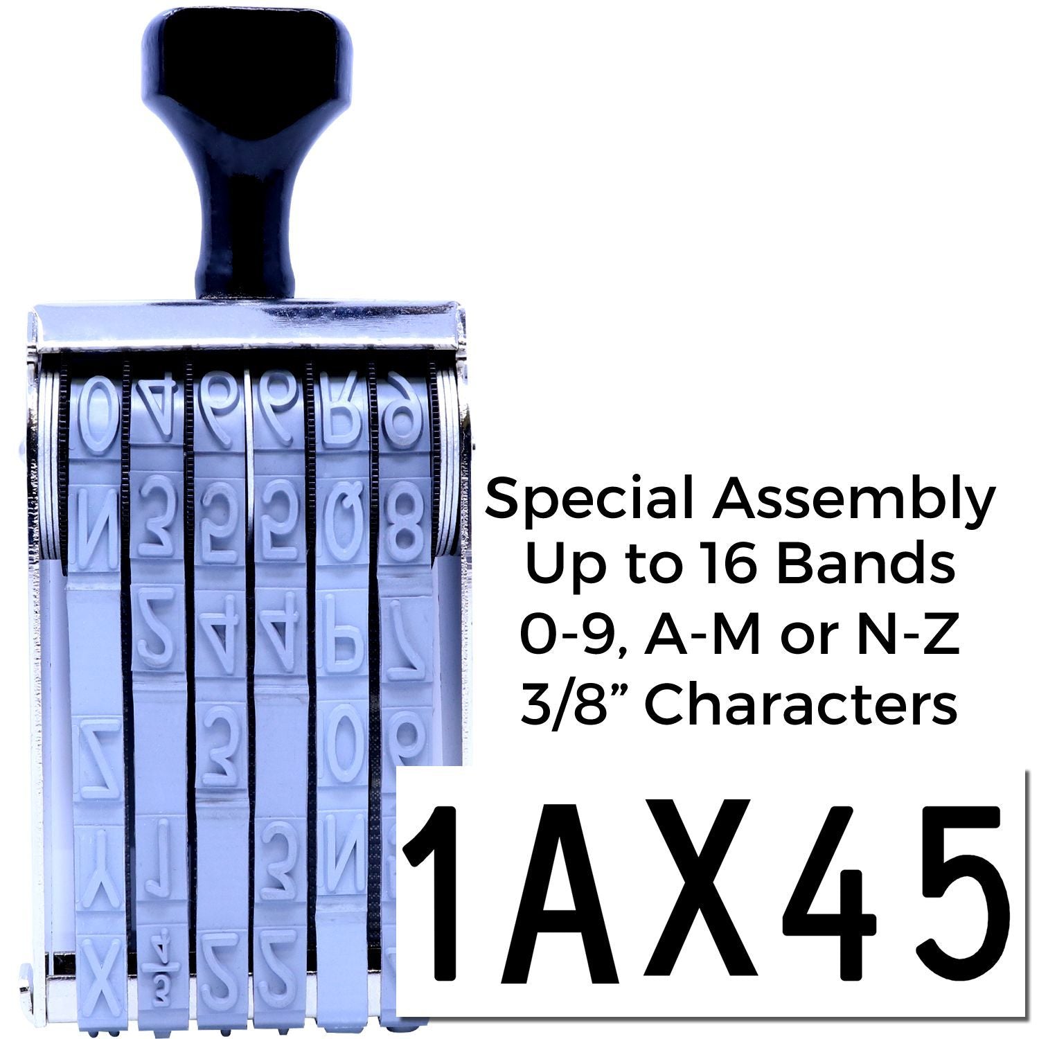 Custom self-inking alphanumeric band stamp with 16 bands, 3/8-inch characters, model 1AX45