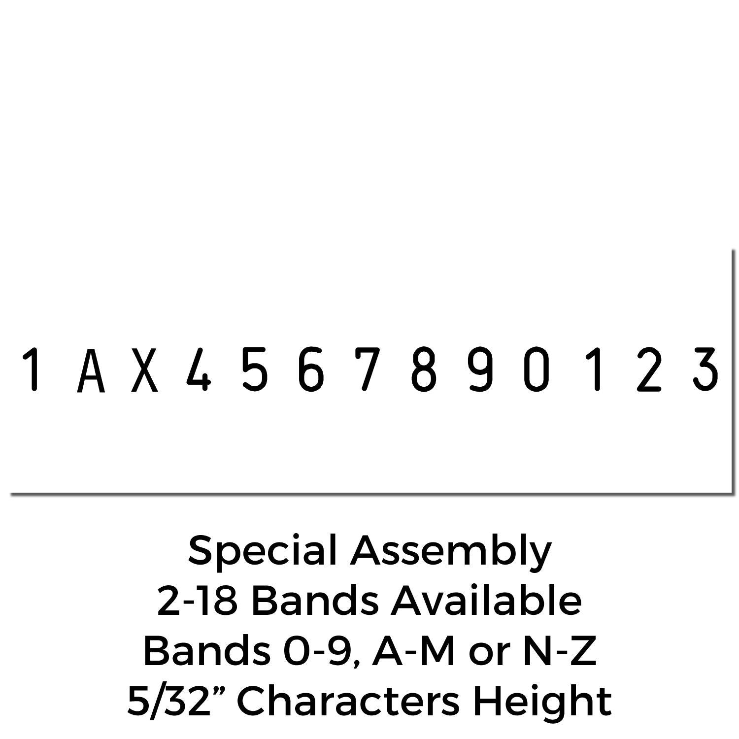 Special assembly character band set showing 1 A X 4 5 6 7 8 9 0 1 2 3 with 5/32-inch characters and 2-18 band options.