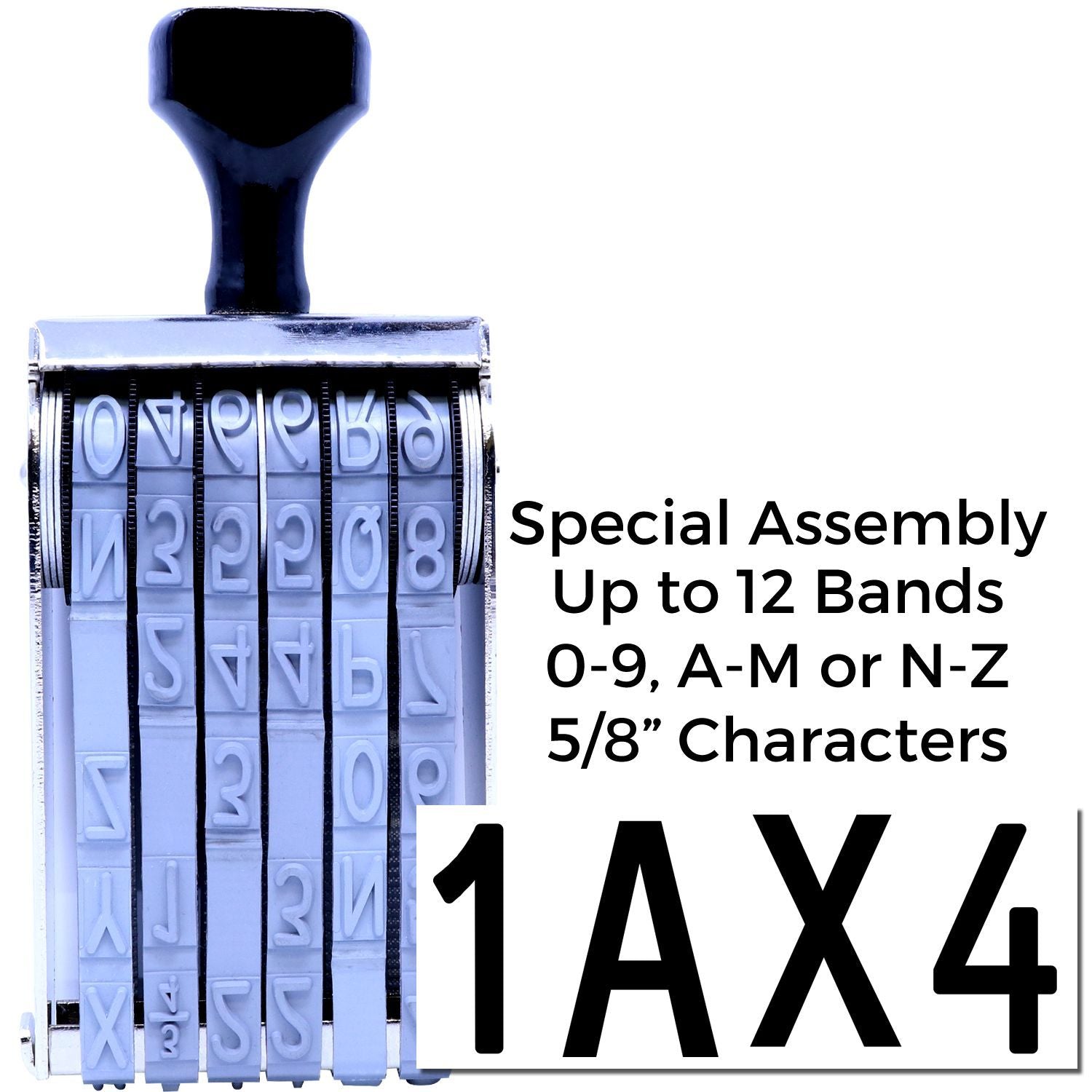 Custom rotary date stamp with 12 bands and 5/8-inch characters, featuring alphanumeric code 1AX4.