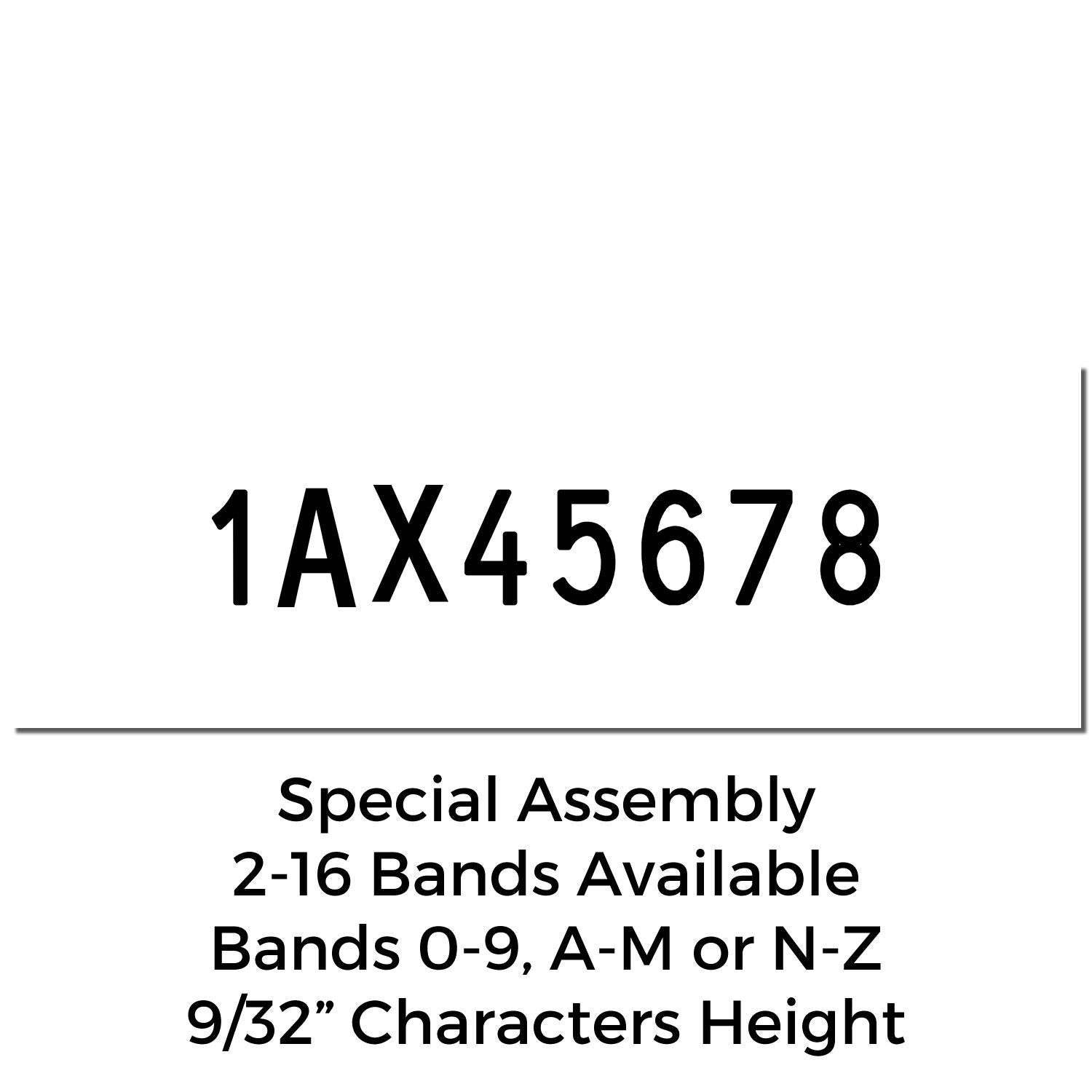 White product label showing 1AX45678 with special assembly, 2-16 bands available, bands 0-9, A-M or N-Z, 9/32-inch character height.